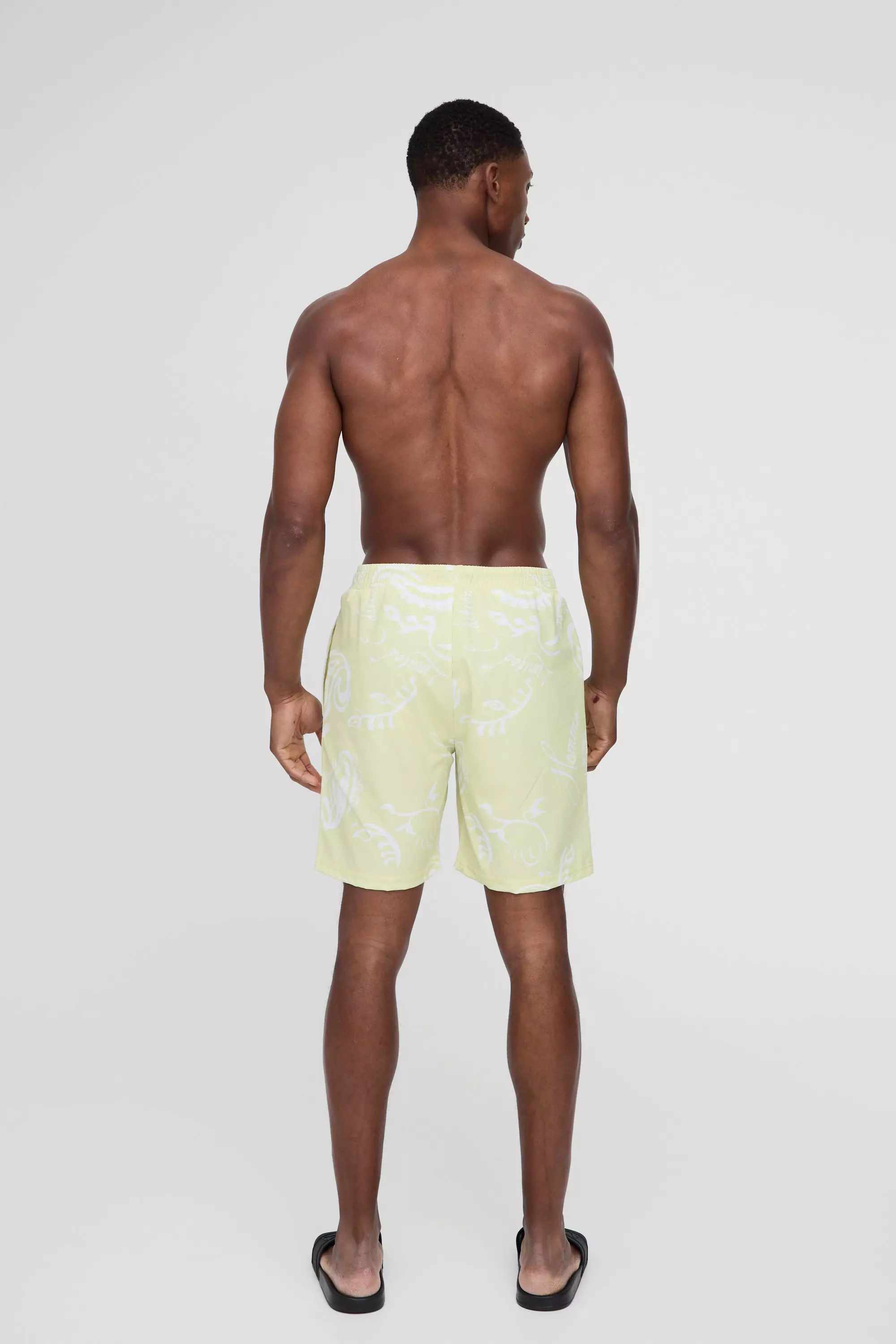 Yellow Long Length Paisley Printed Swim Trunks alternative image