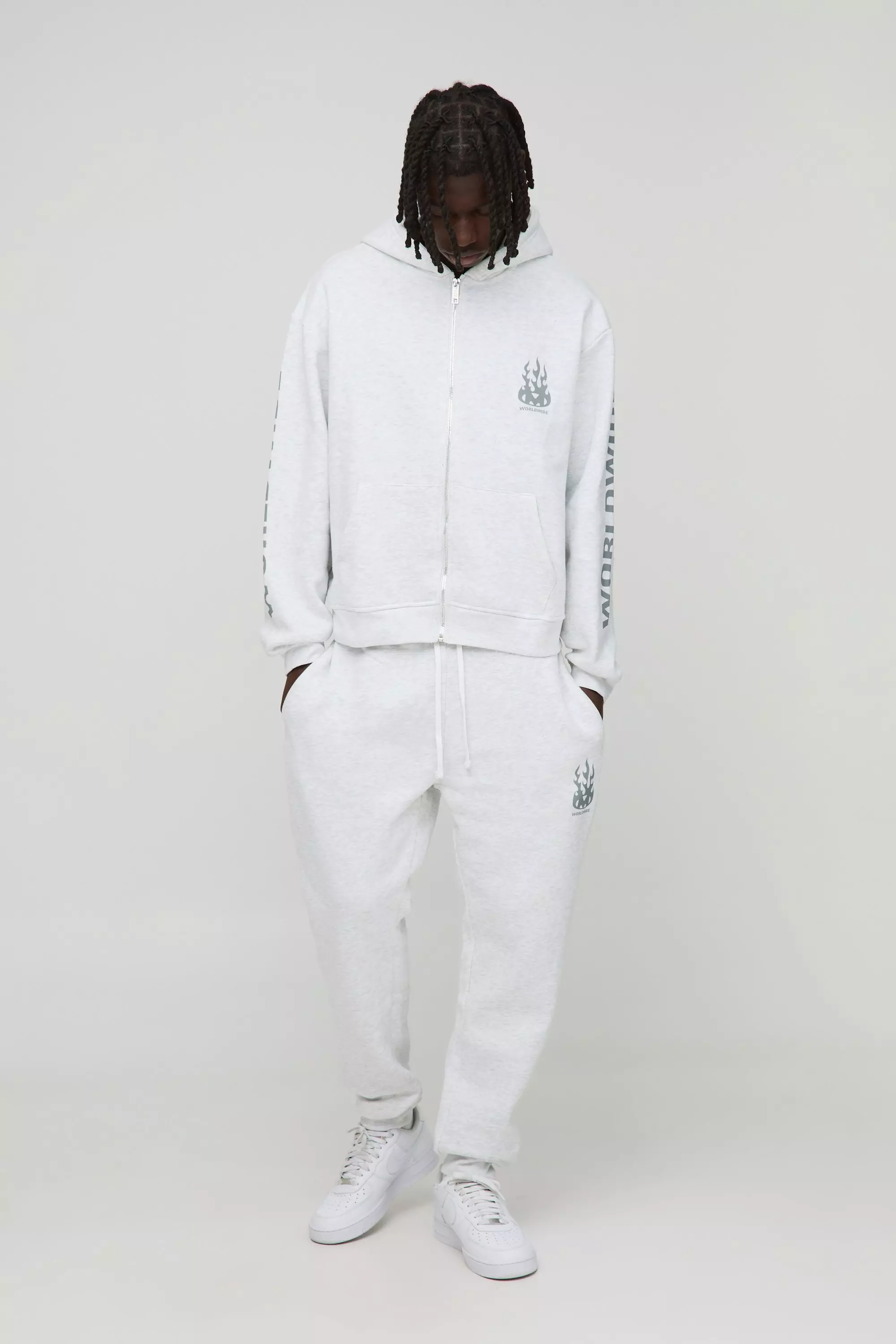 330gsm Oversized Boxy Worldwide Zip Hooded Tracksuit Grey marl