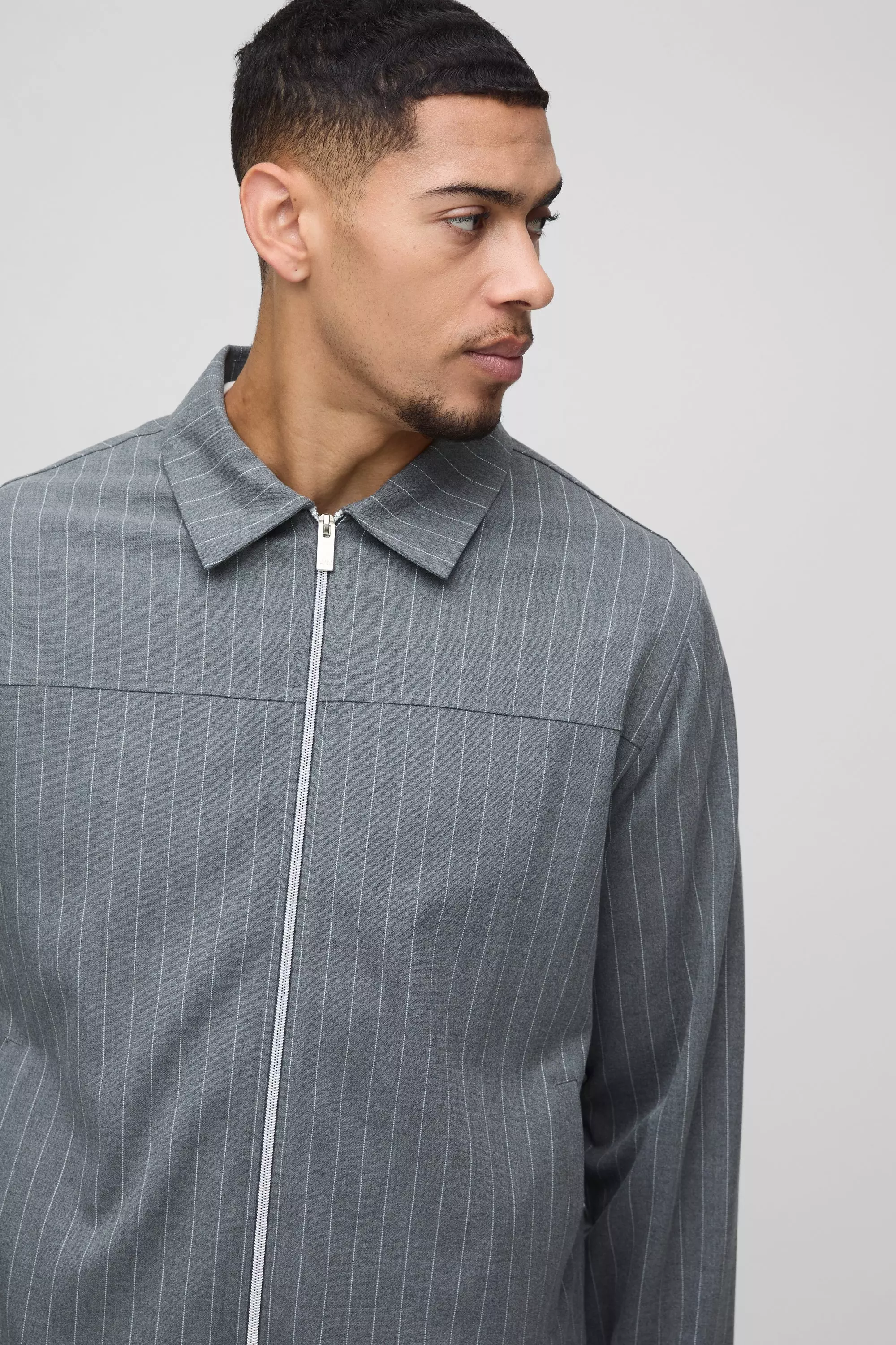 Charcoal Regular Fit Stripe Harrington Jacket alternative image