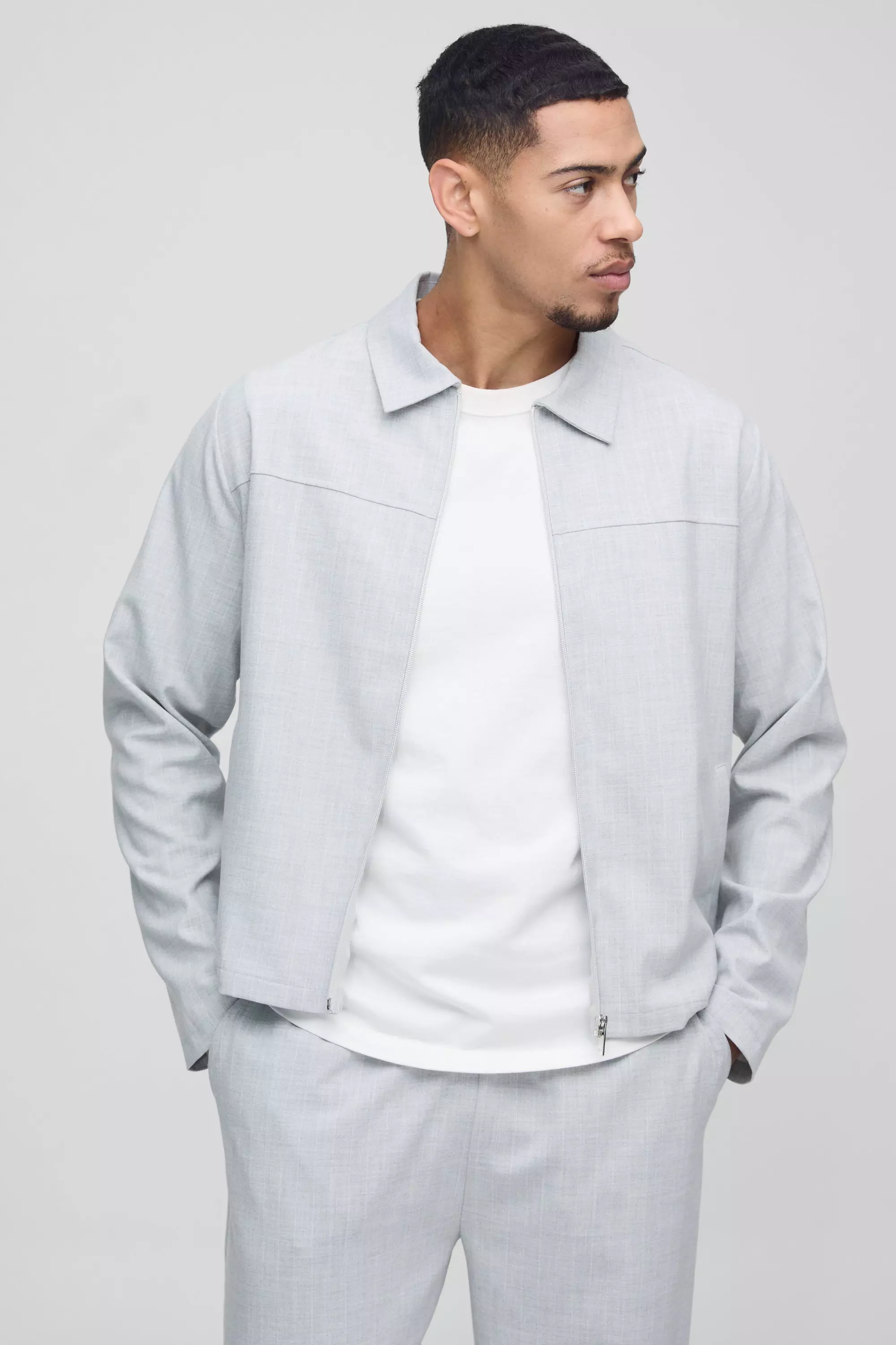 Light grey Regular Fit Stripe Harrington Jacket alternative image