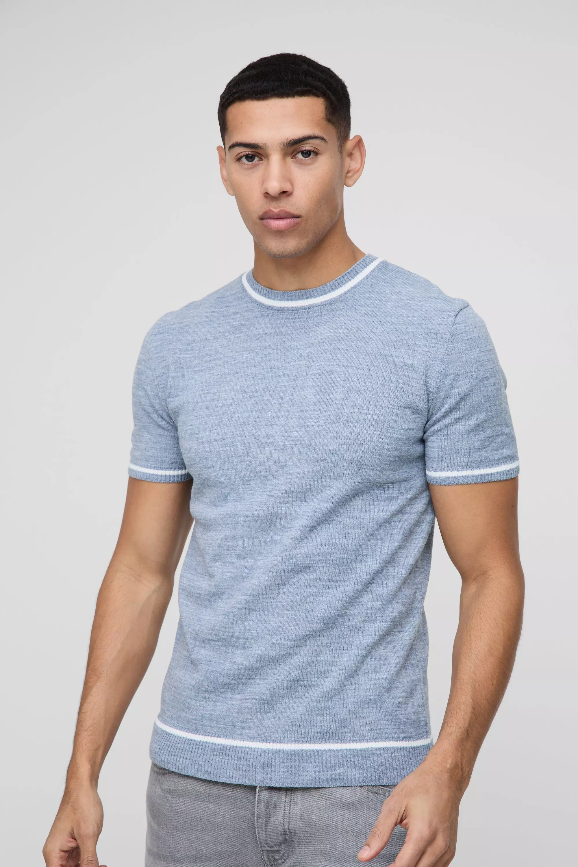 Slate blue Muscle Fit Tipping Detail Knitted T-Shirt alternative image