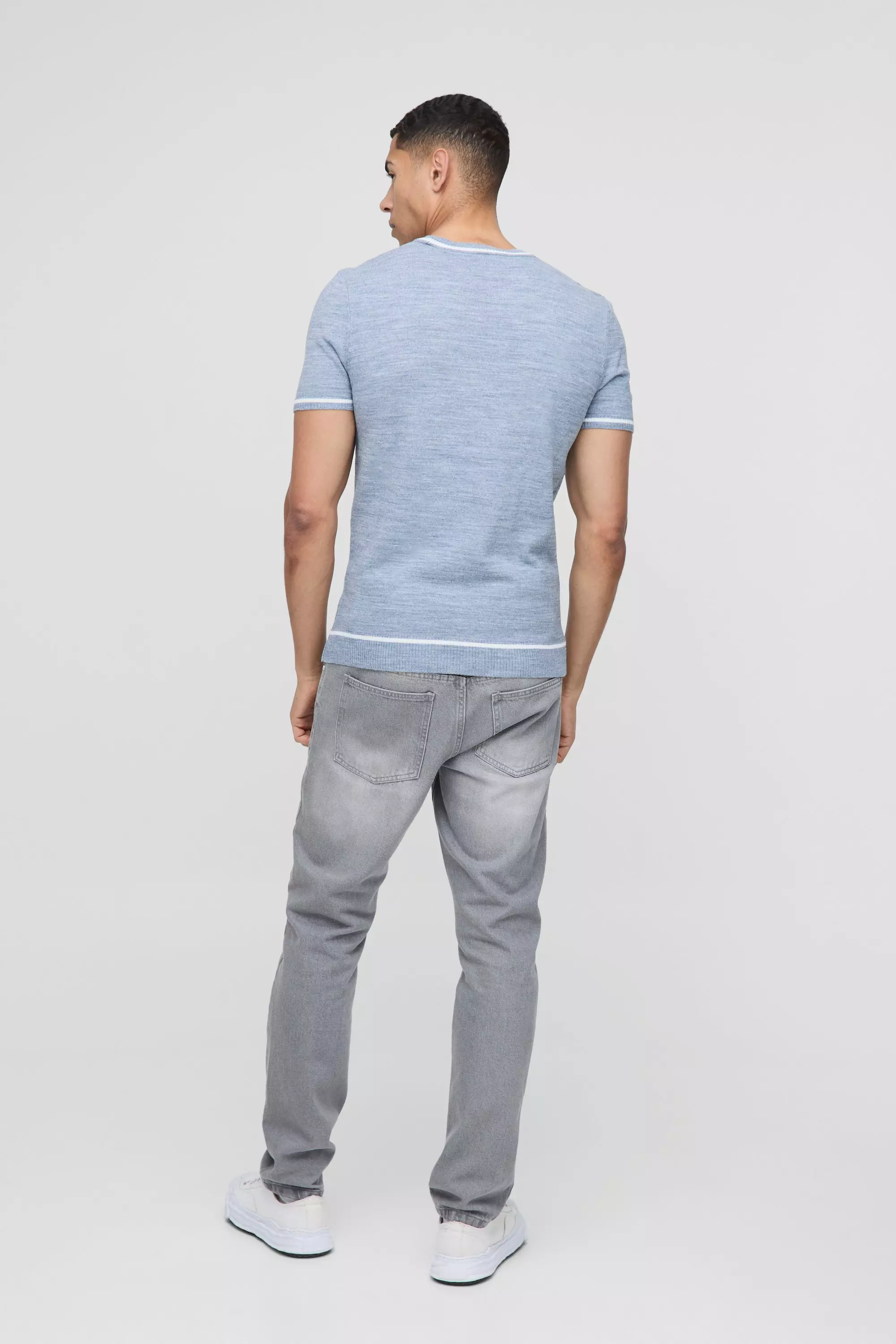 Slate blue Muscle Fit Tipping Detail Knitted T-Shirt alternative image
