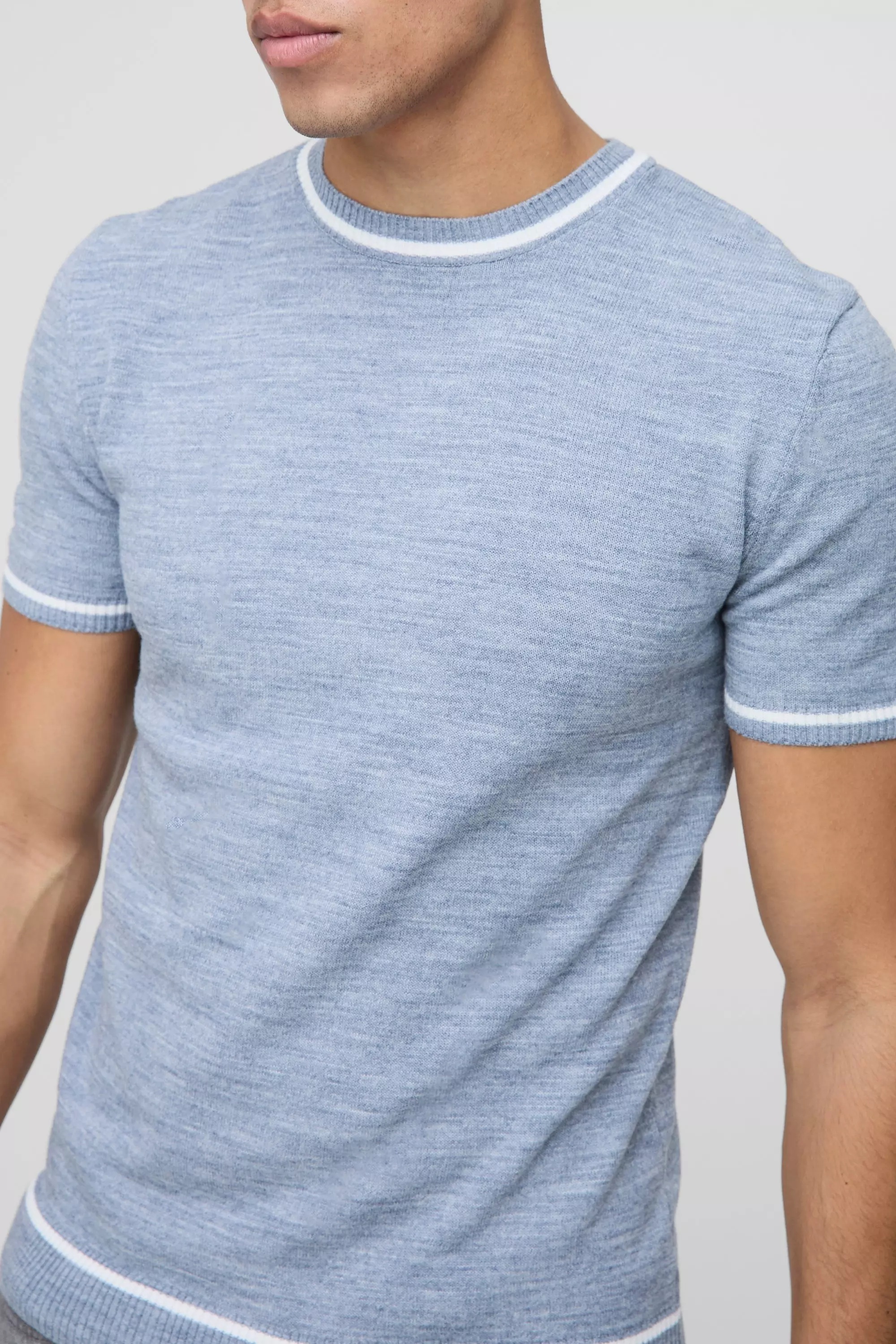 Slate blue Muscle Fit Tipping Detail Knitted T-Shirt alternative image