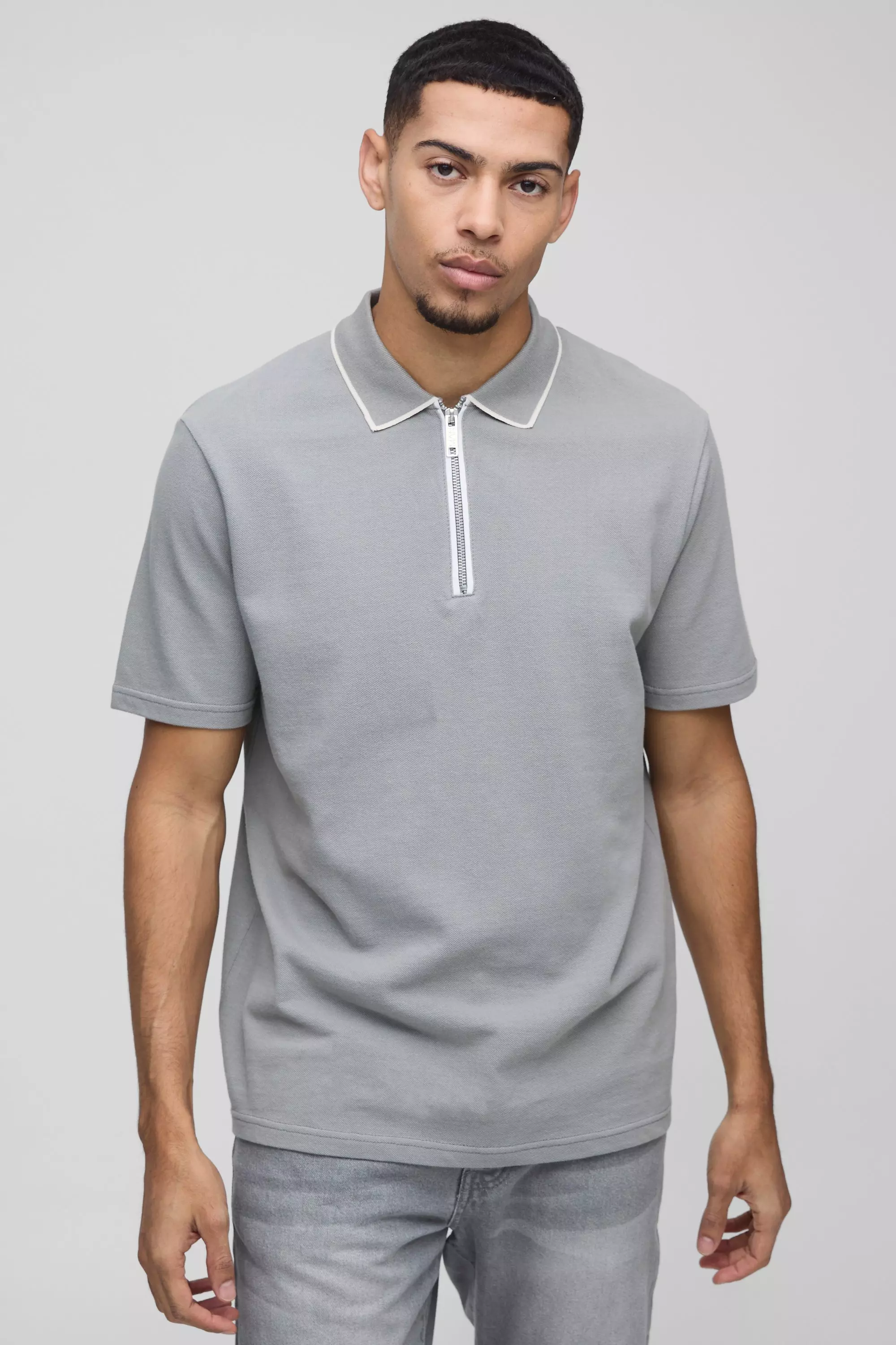 Slate blue Regular Fit Pique Contrast Edge Zip Neck Polo alternative image