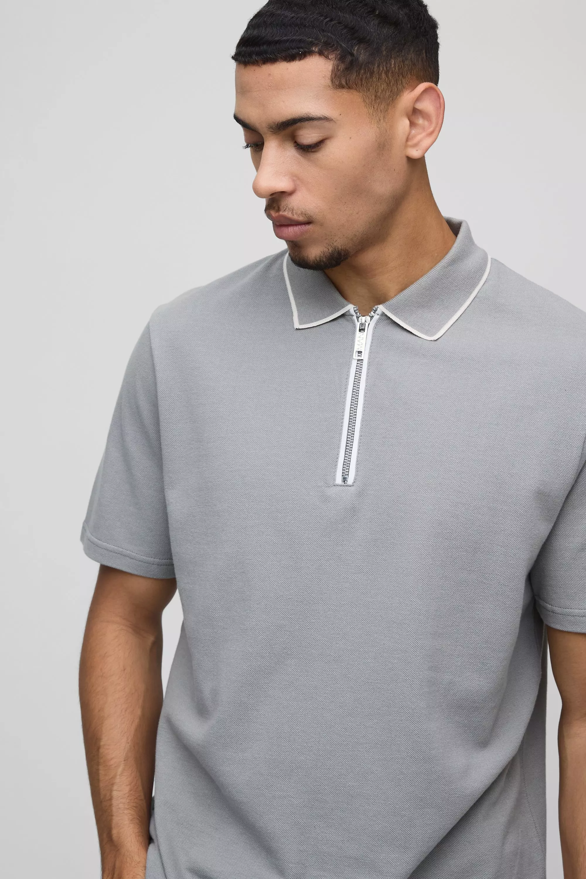 Slate blue Regular Fit Pique Contrast Edge Zip Neck Polo alternative image