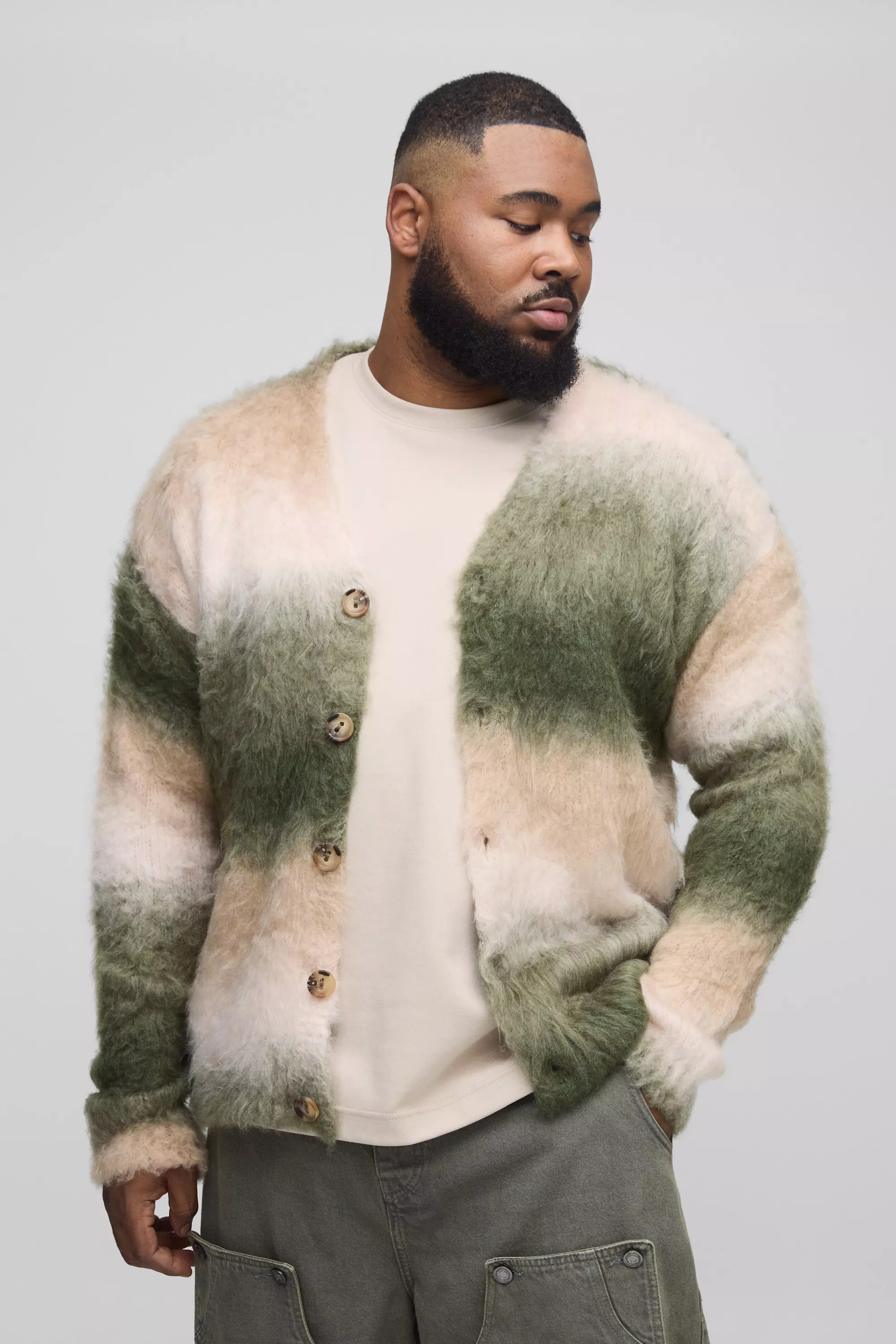 Green Plus Oversized Boxy Brushed Stripe Knitted Cardigan alternative image