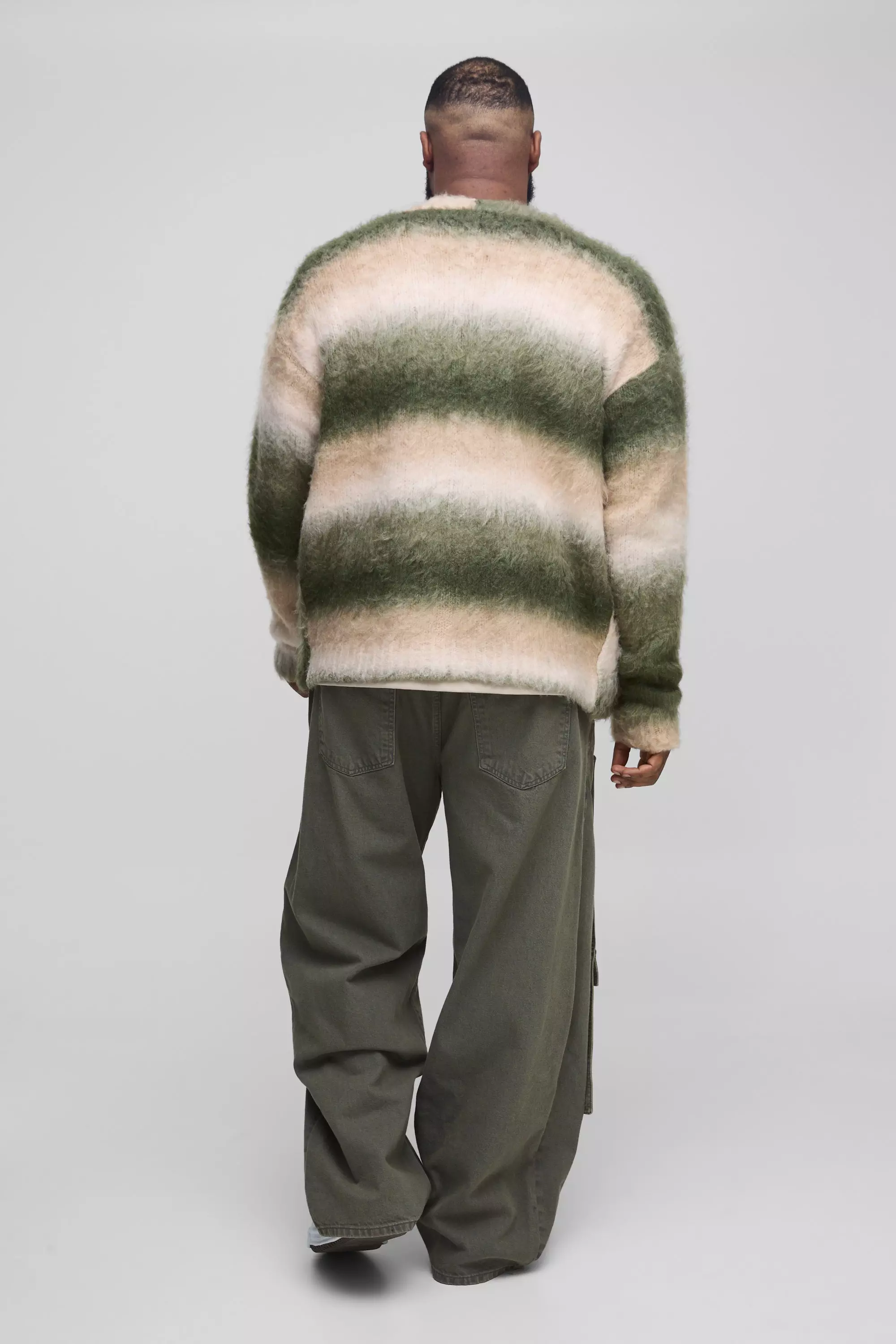 Green Plus Oversized Boxy Brushed Stripe Knitted Cardigan alternative image