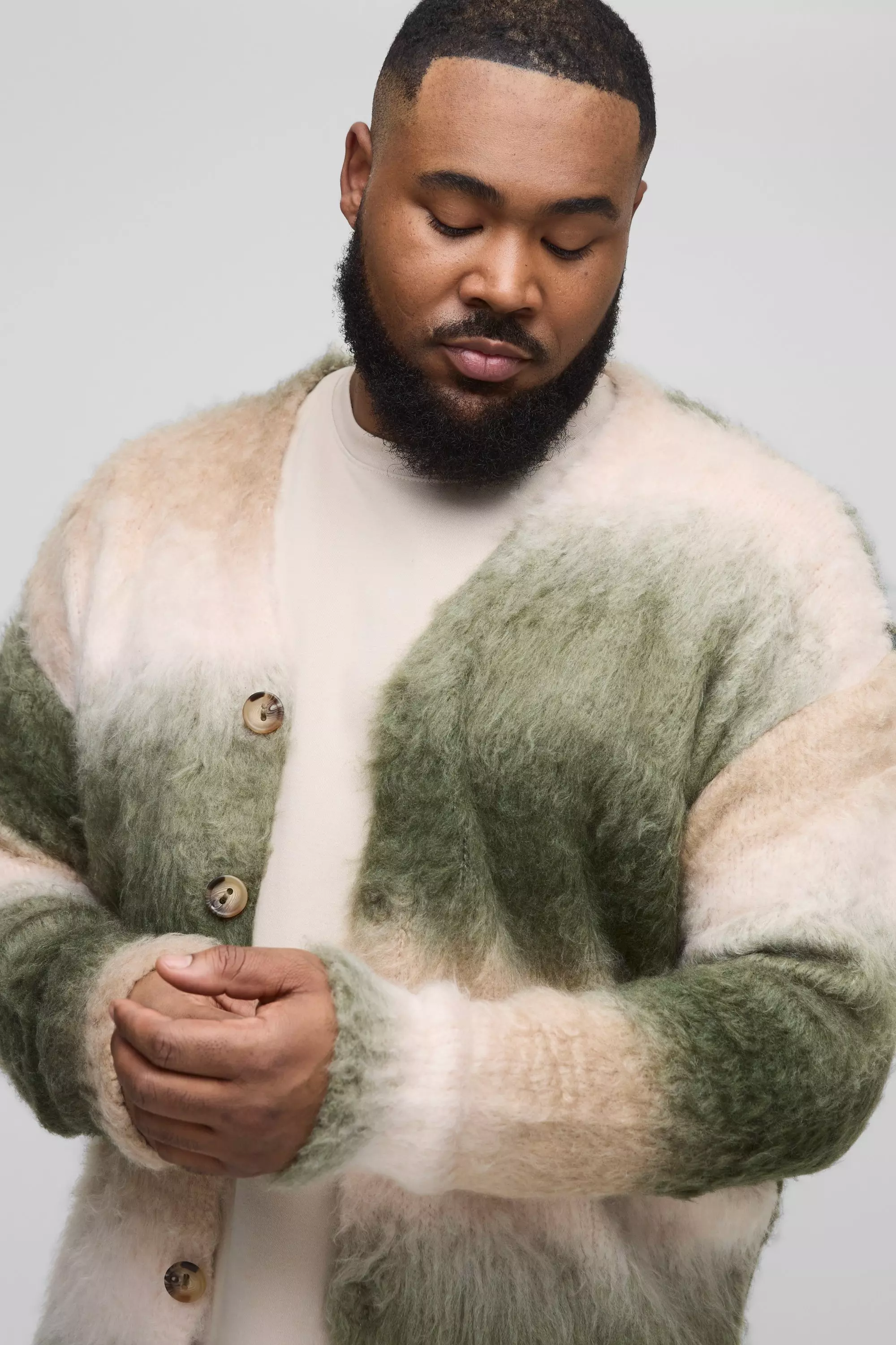 Green Plus Oversized Boxy Brushed Stripe Knitted Cardigan alternative image