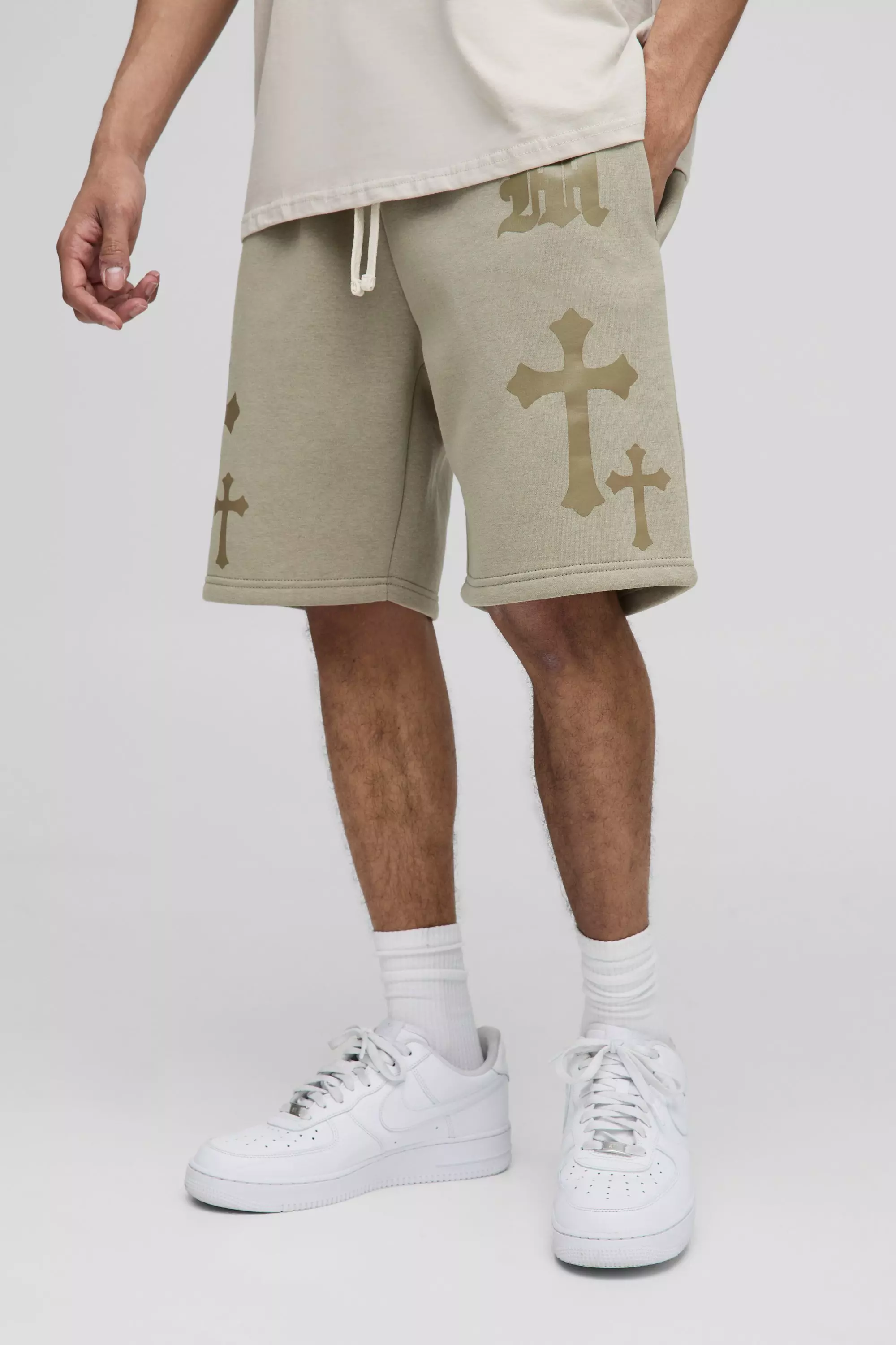Taupe Relaxed Fit Gothic M Cross Print Short alternative image