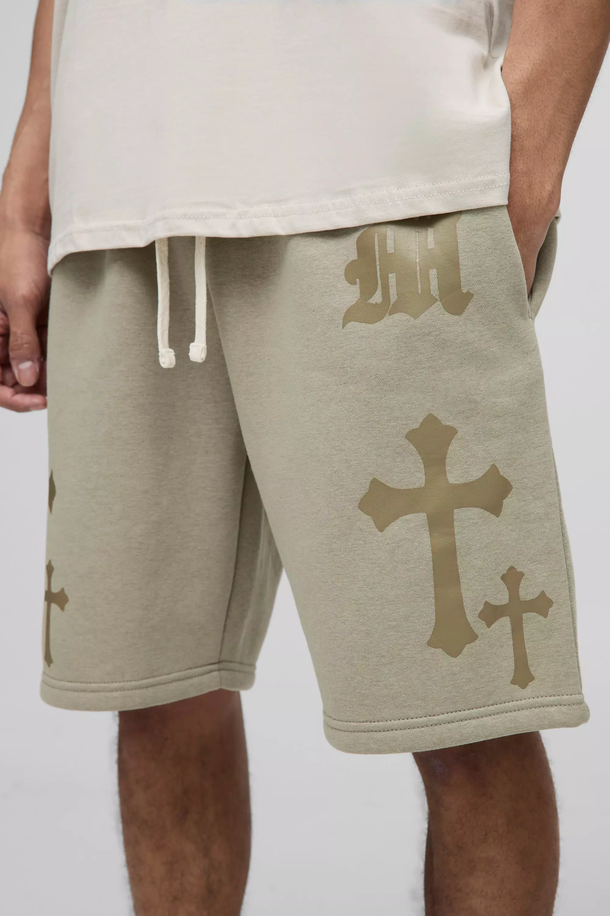 Taupe Relaxed Fit Gothic M Cross Print Short alternative image