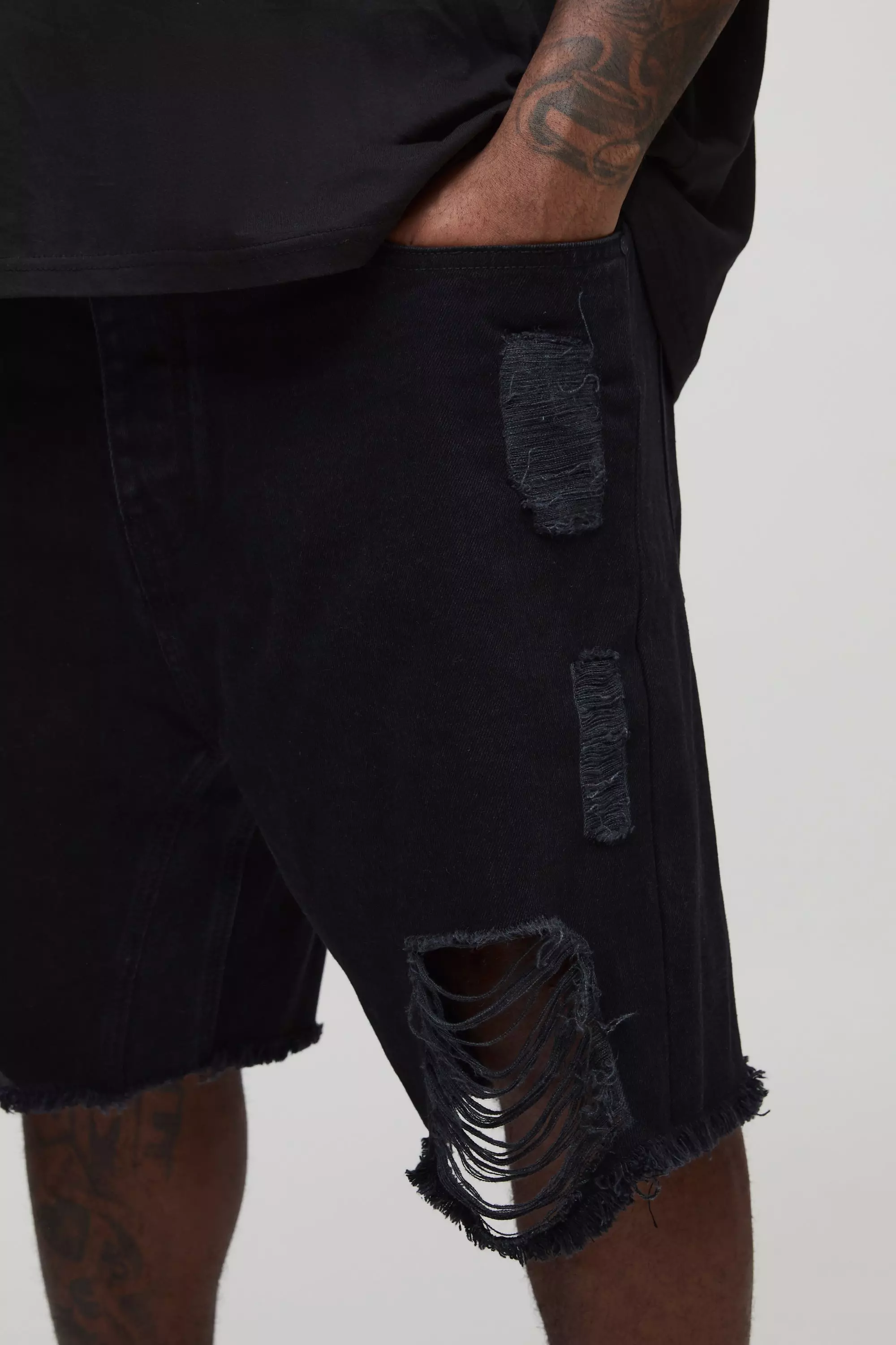 Plus Relaxed Ripped Gusset Denim Shorts | boohooMAN USA