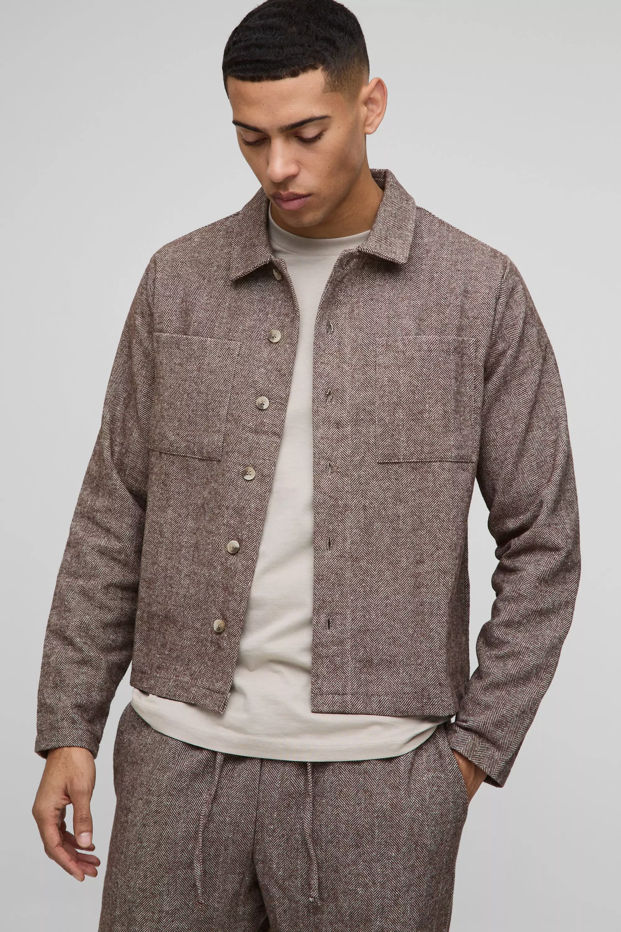 Brown Regular Fit Herringbone Cargo Pocket Harrington alternative image