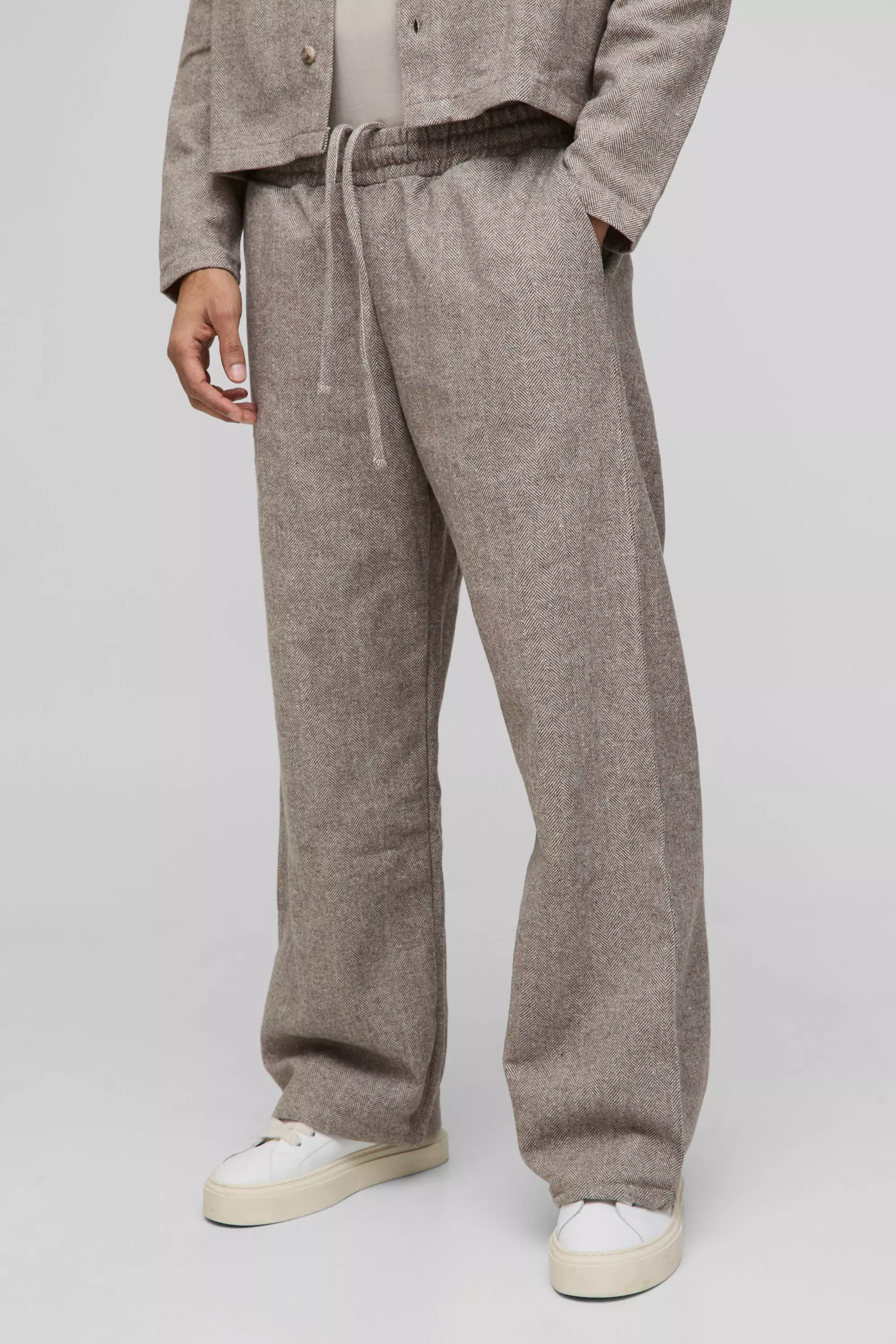 Stone Herringbone Wide Leg Broek Met Elastische Taille alternatieve afbeelding