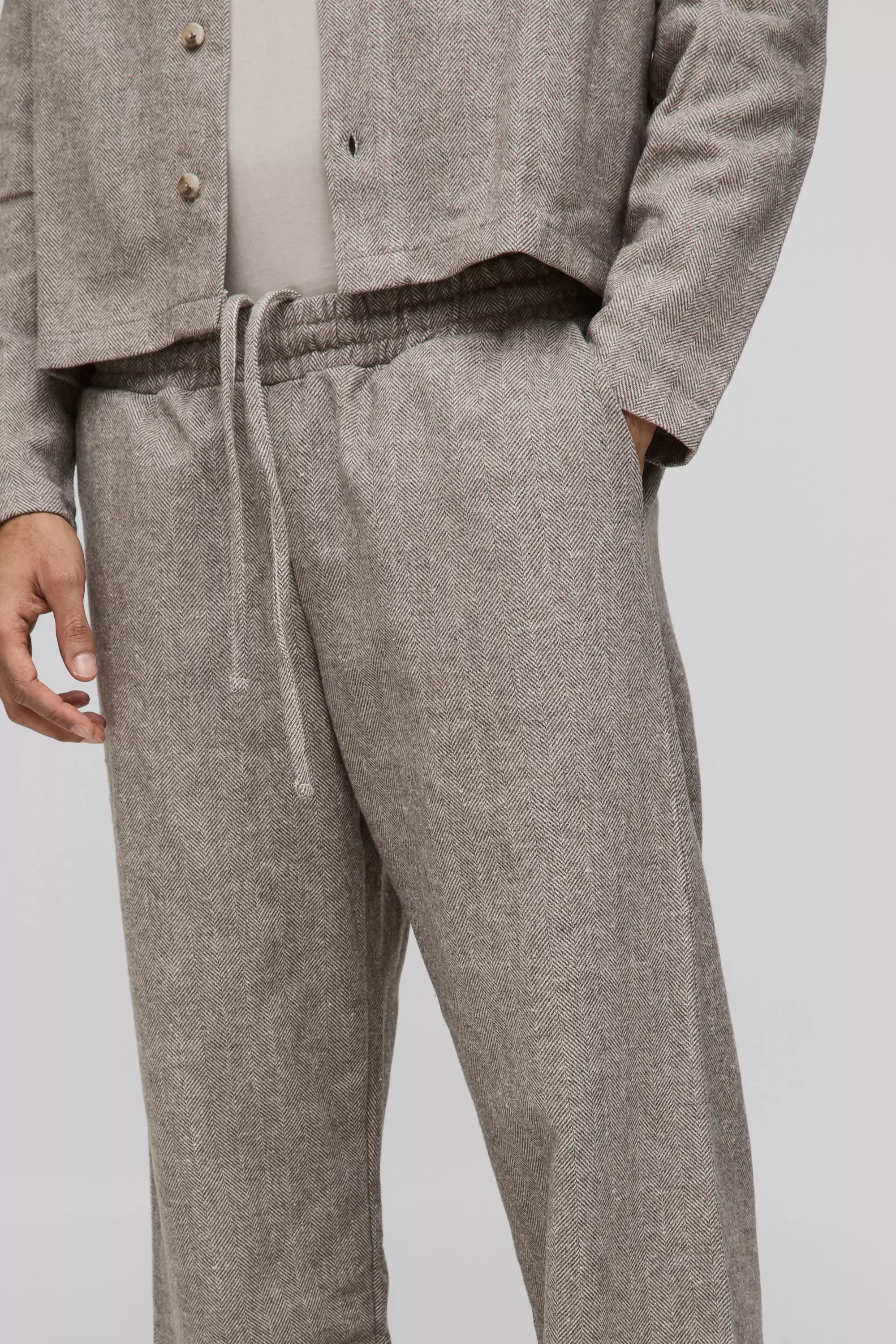Stone Herringbone Wide Leg Broek Met Elastische Taille alternatieve afbeelding
