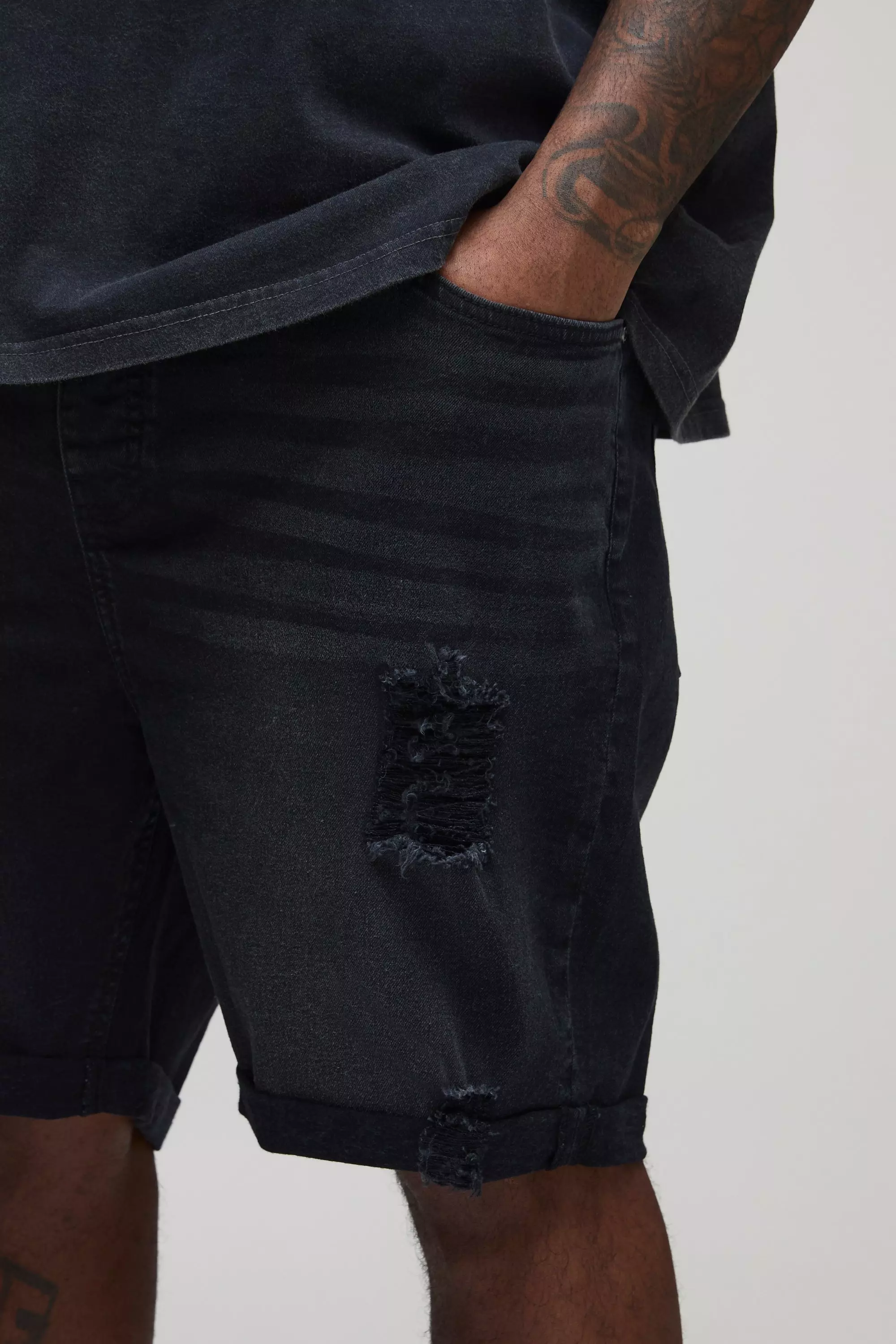 Plus Skinny Stretch Ripped Jean Shorts | boohooMAN USA