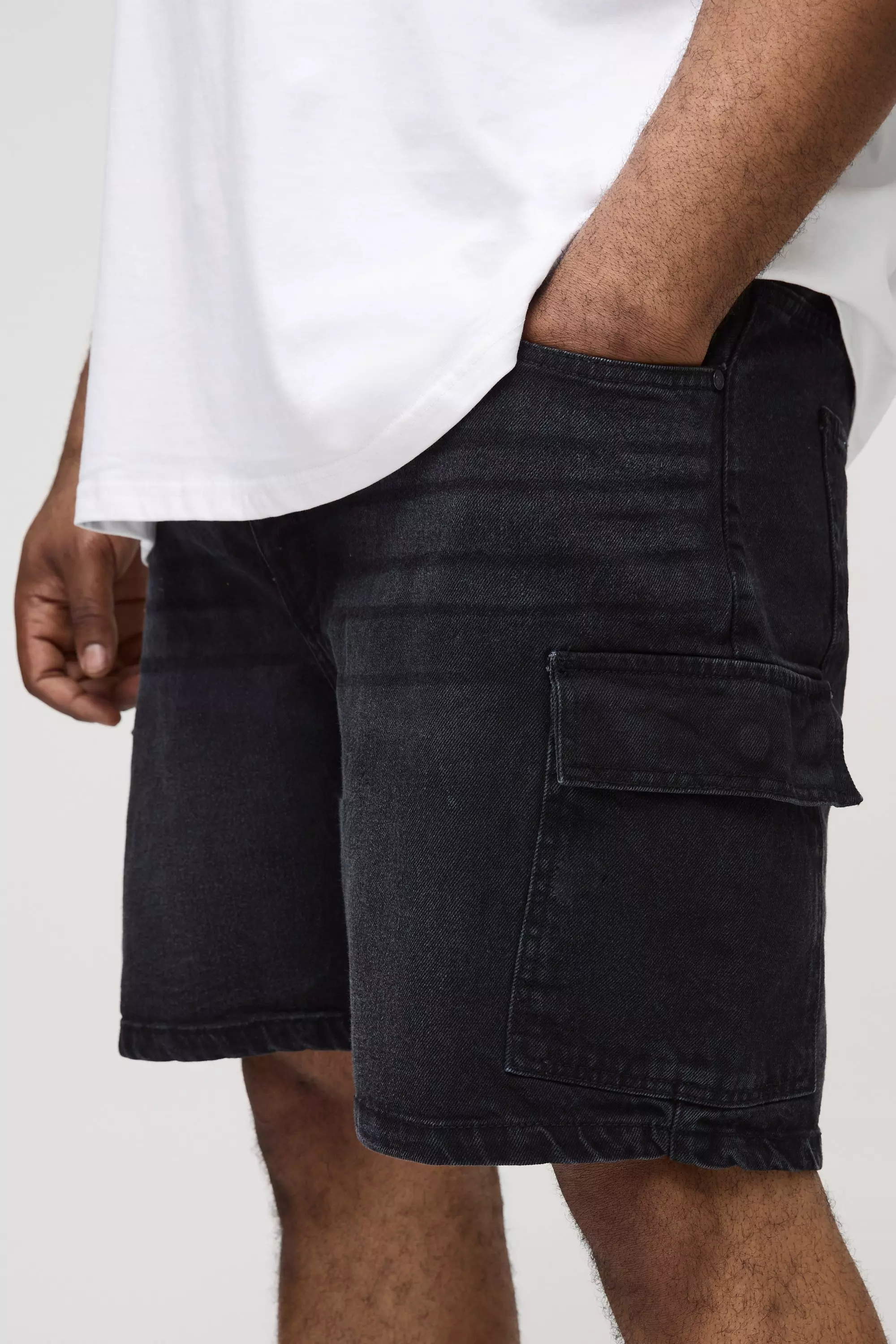 Plus Slim Rigid Cargo Jean Shorts | boohooMAN USA