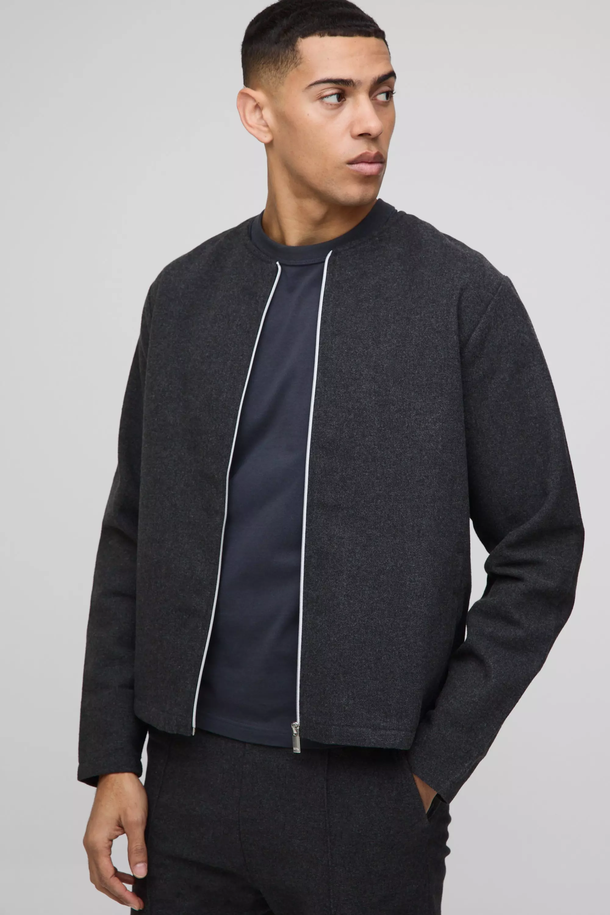 Giacca Spazzolata Senza Colletto Con Zip, Charcoal immagine alternativa