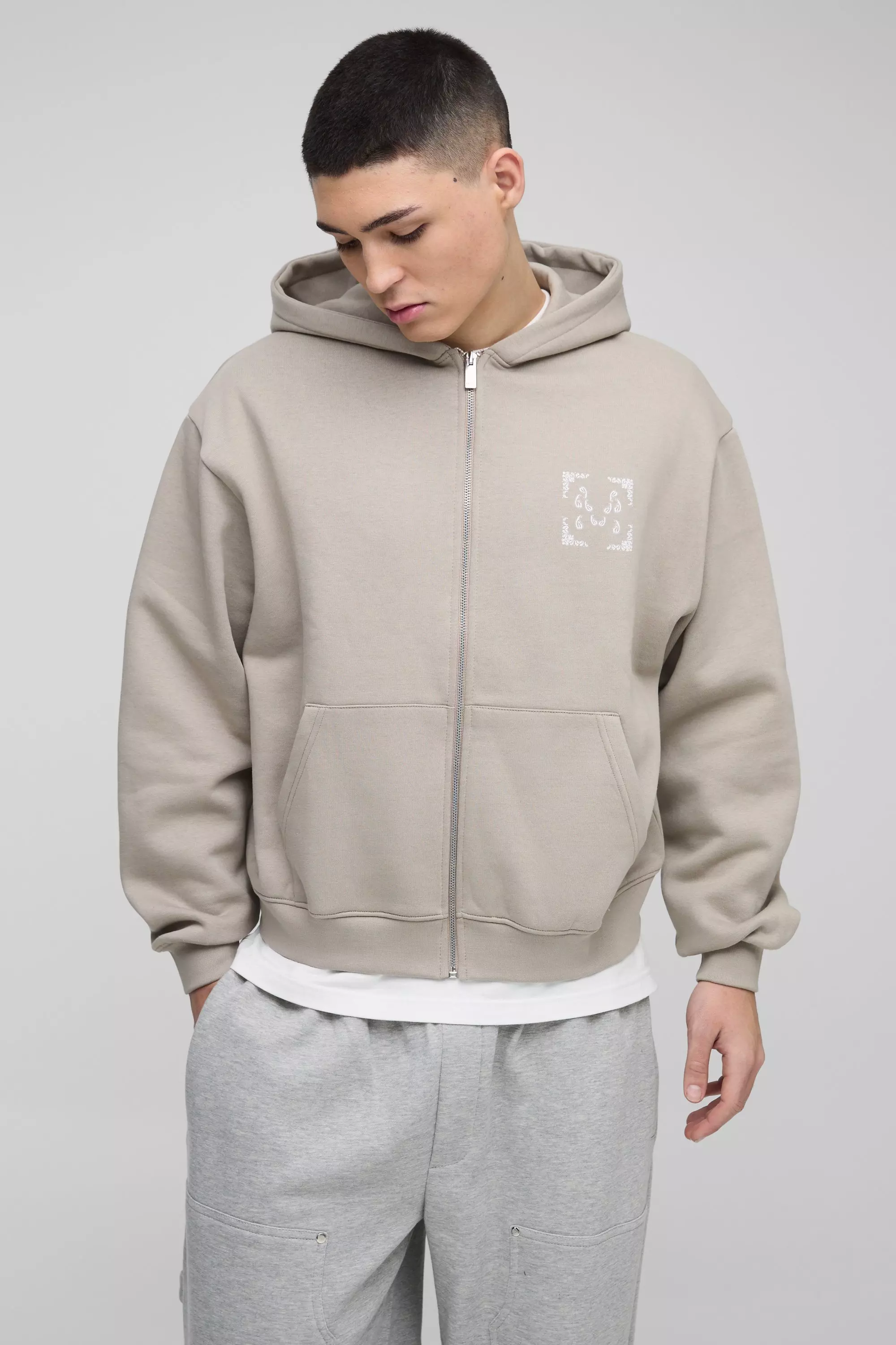 Hoodie mit Paisley-Print und Reißverschluss, Taupe alternatives Bild