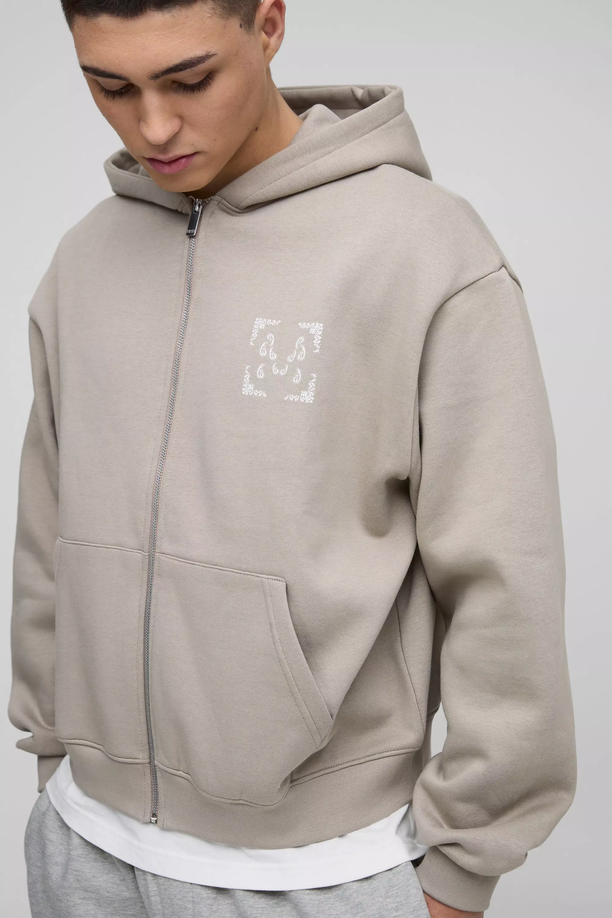 Hoodie mit Paisley-Print und Reißverschluss, Taupe alternatives Bild