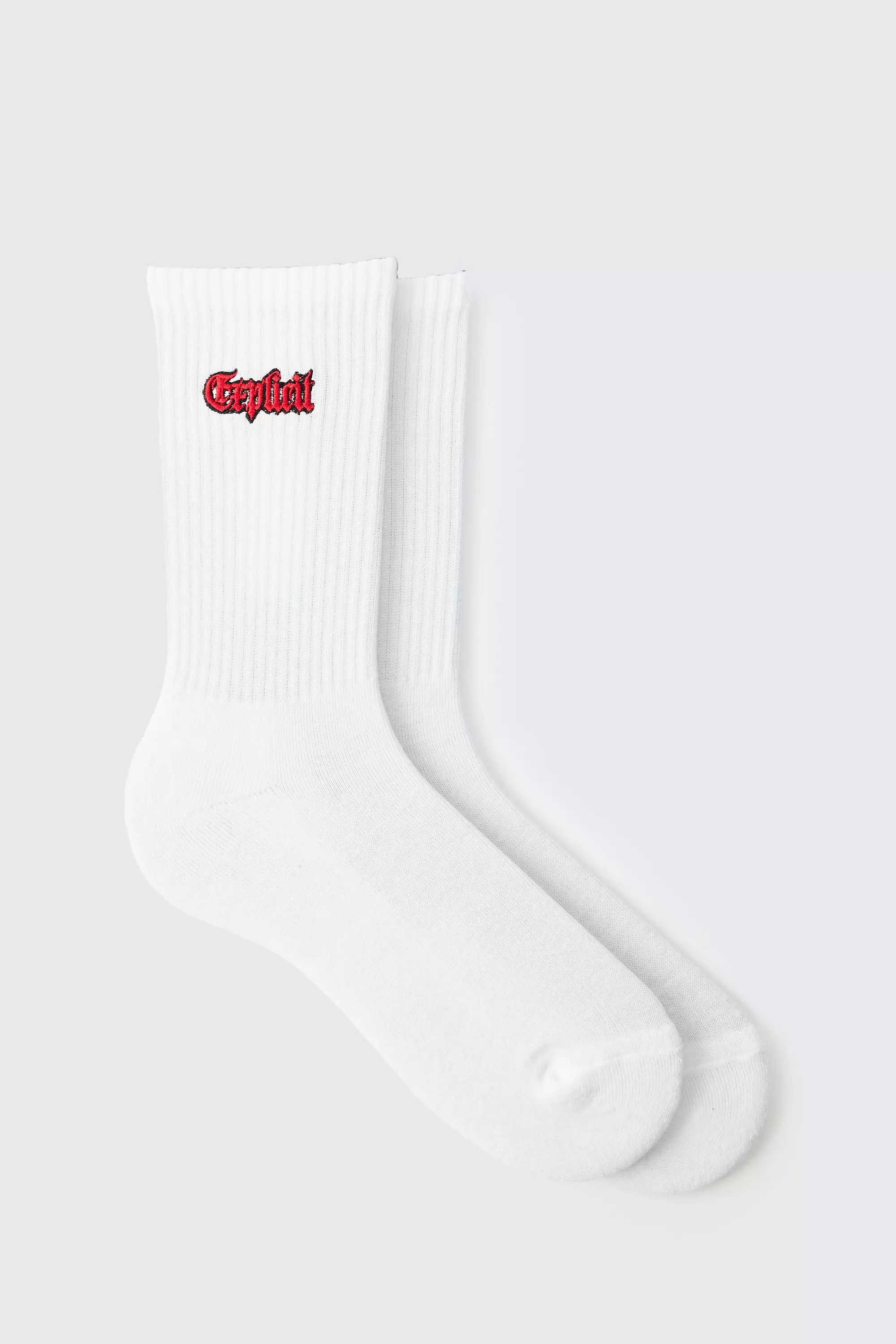 White Explicit Embroidered Half Terry Socks