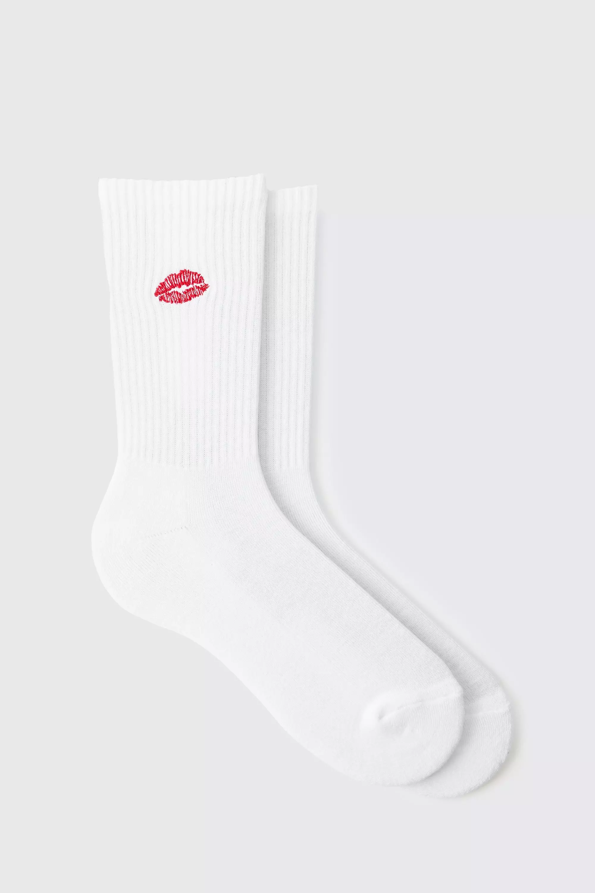 White Lips Embroidered Half Terry Socks