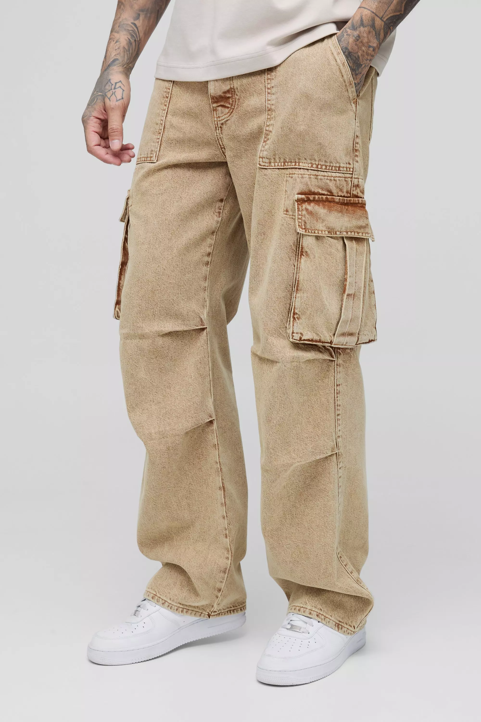 Stone Tall Acid Wash Pleat Knee Cargo Jeans alternative image