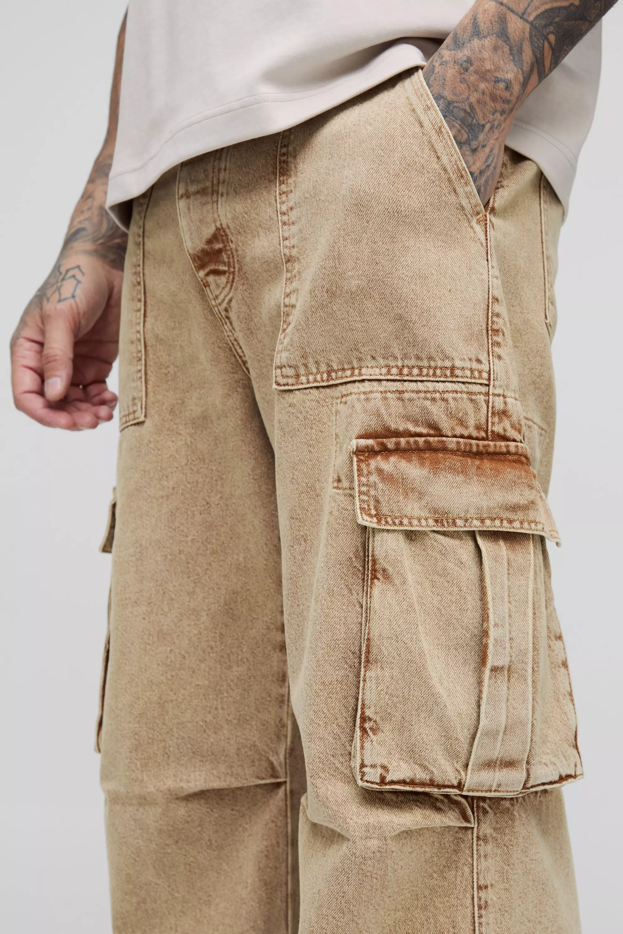 Stone Tall Acid Wash Pleat Knee Cargo Jeans alternative image