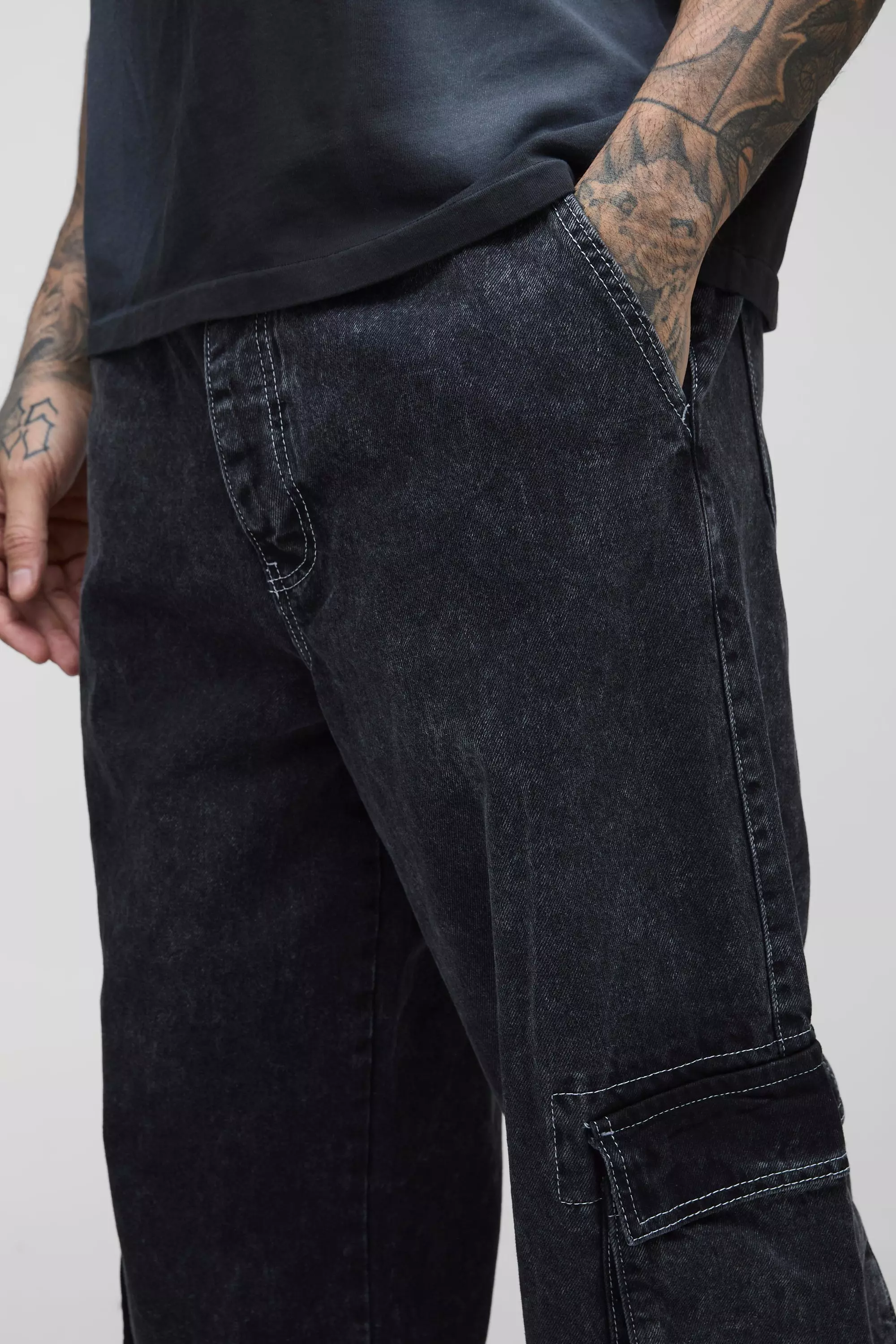 Tall - Jean cargo délavé à coutures contrastantes, Washed black autre image