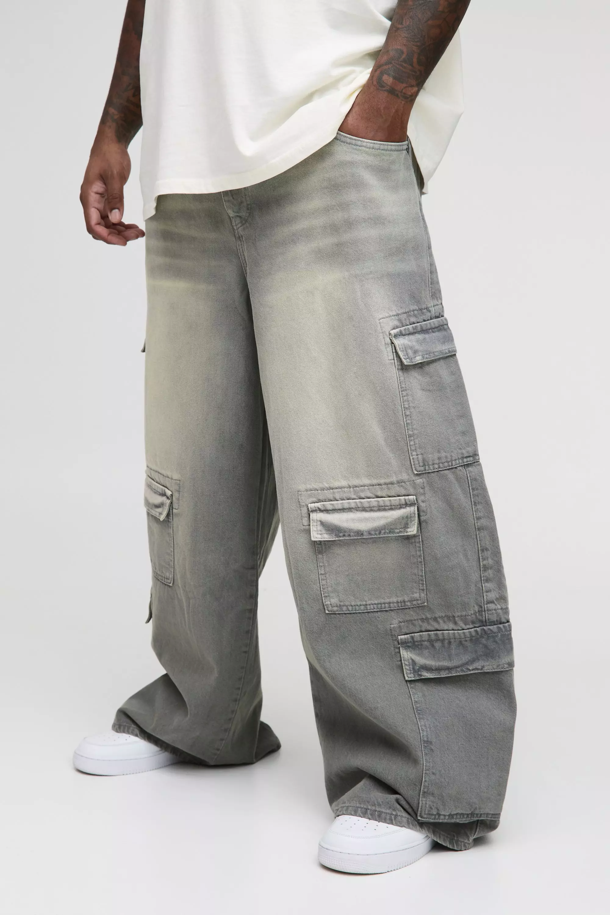 Grey Plus Multi Pocket Baggy Cargo Jeans alternative image