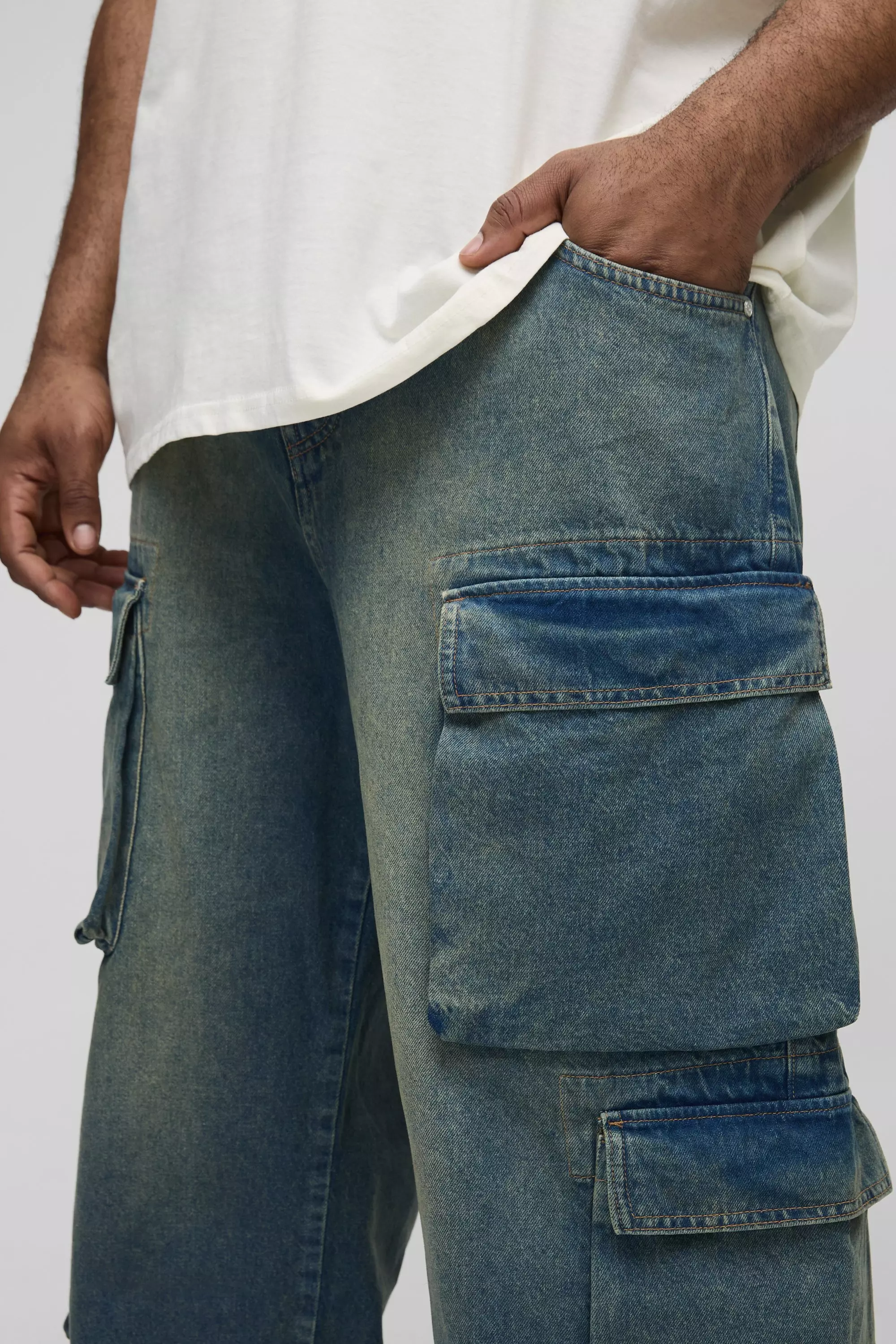 Plus Bellow Cargo Pocket Relaxed Fit Jeans | boohooMAN USA