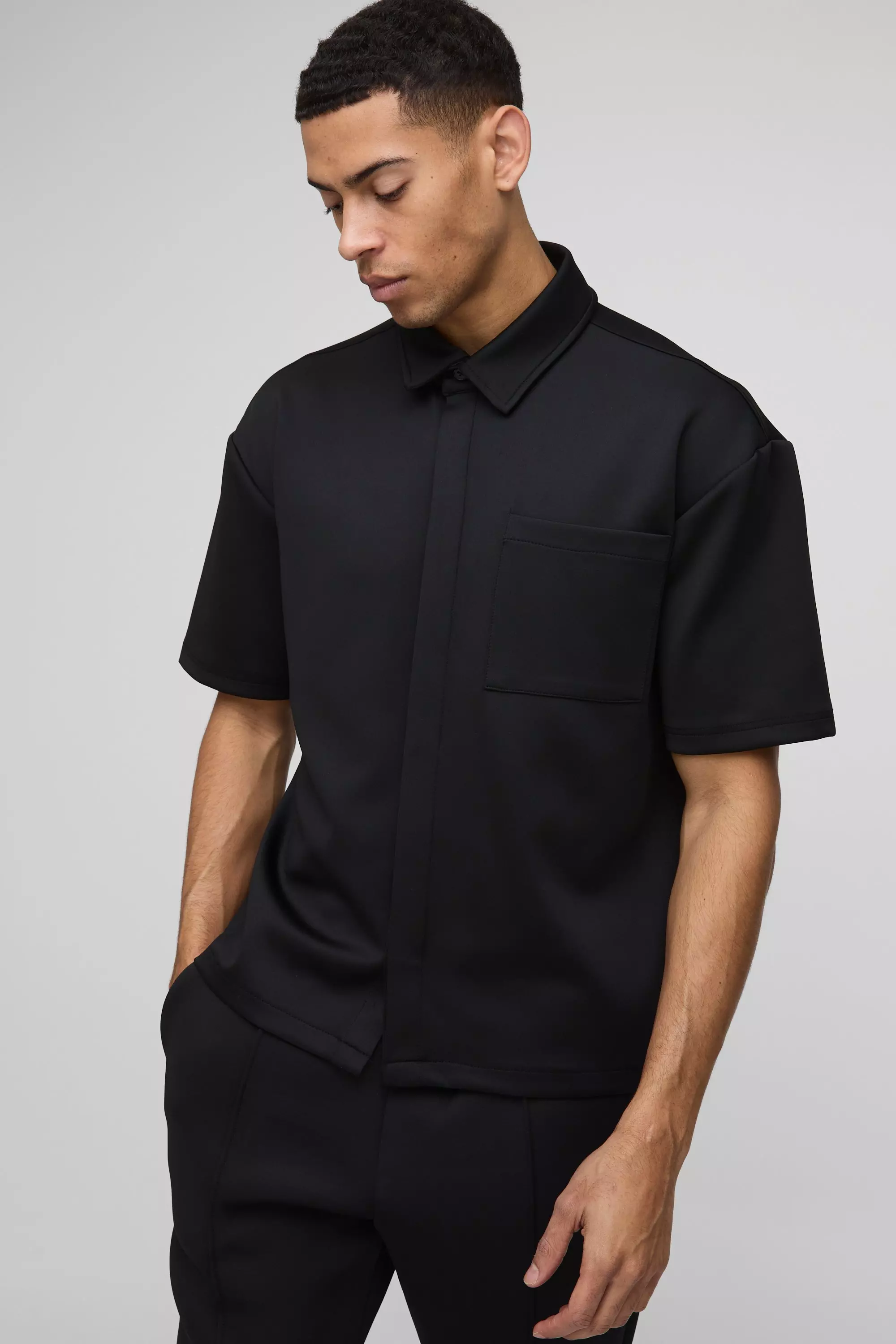 Camicia Oversize In Scuba Con Falsatura, Black immagine alternativa