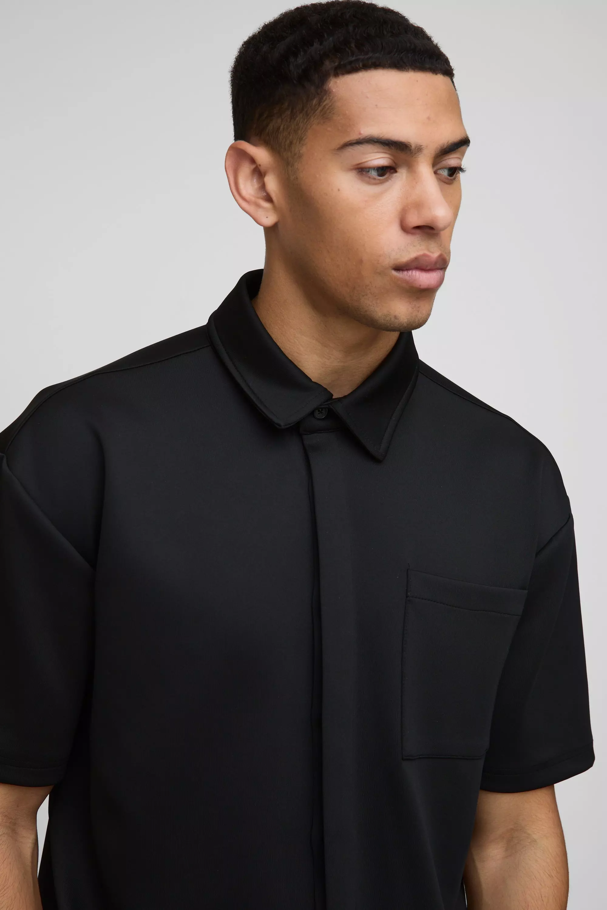 Camicia Oversize In Scuba Con Falsatura, Black immagine alternativa