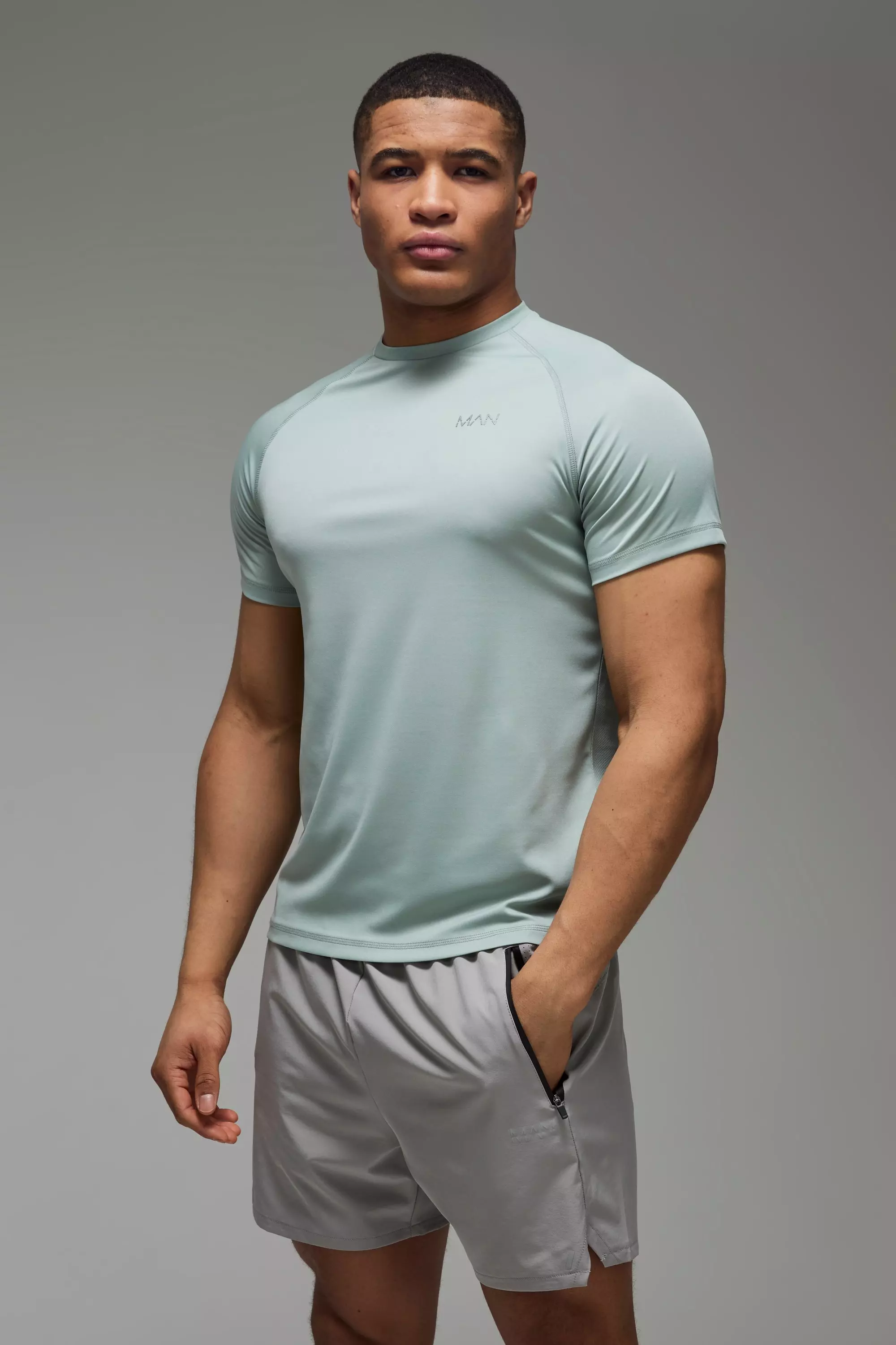 Sage Green Man Active Hybrid Regular Fit Mesh T-shirt