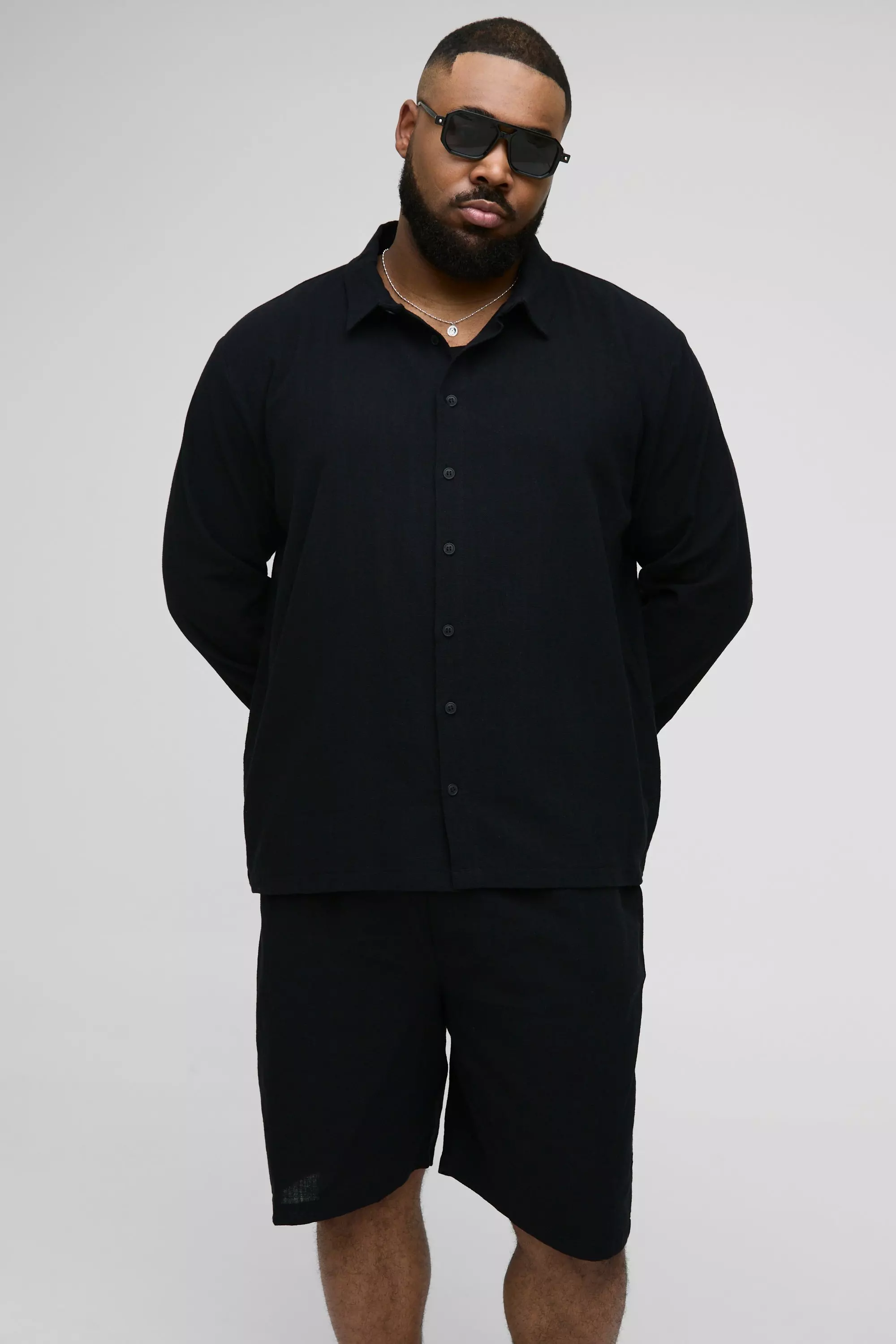 Black Plus Linen Oversized Relaxed Fit Shirt & Short Set alternative image