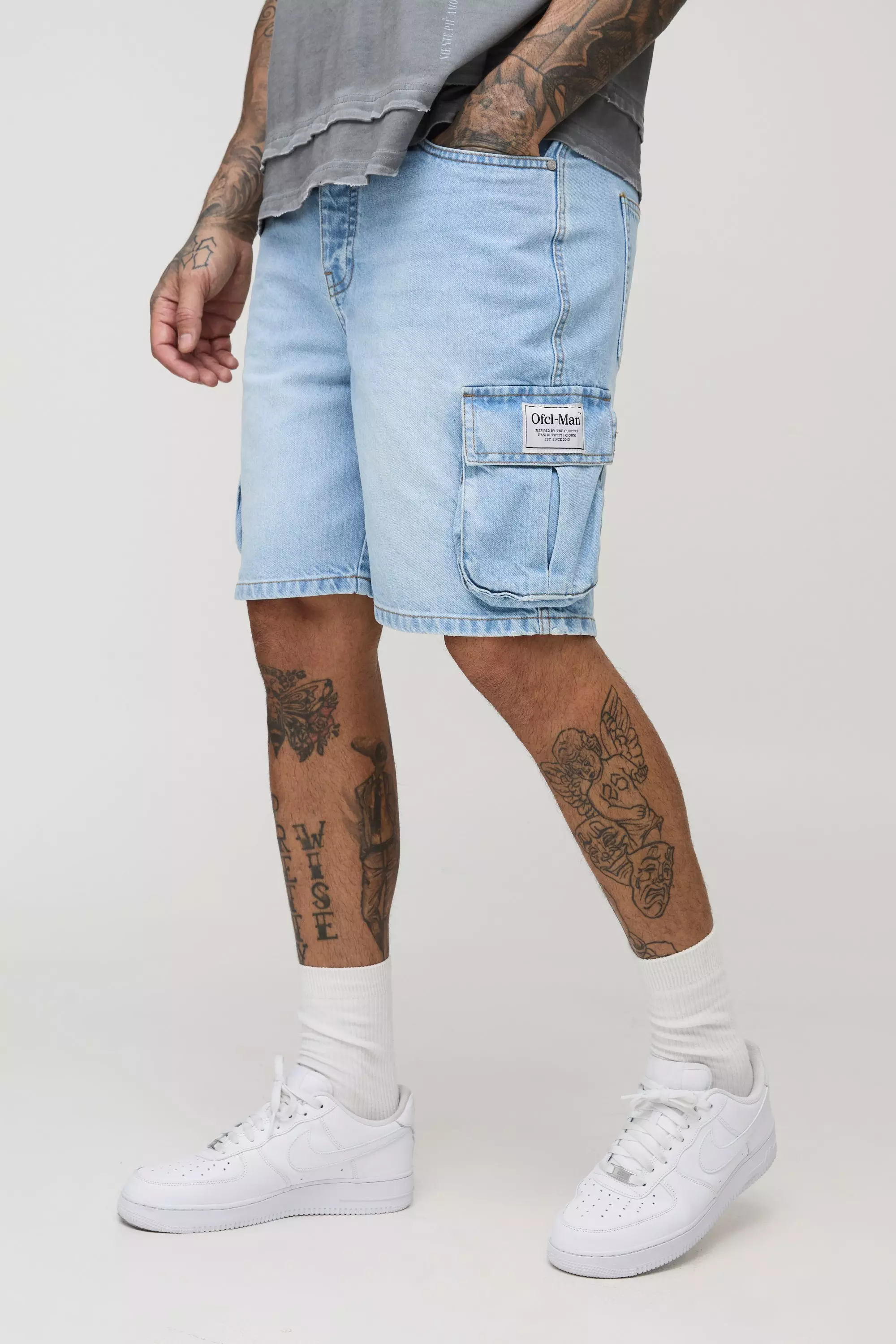 Light wash Tall Relaxed Woven Tab Denim Cargo Shorts alternative image