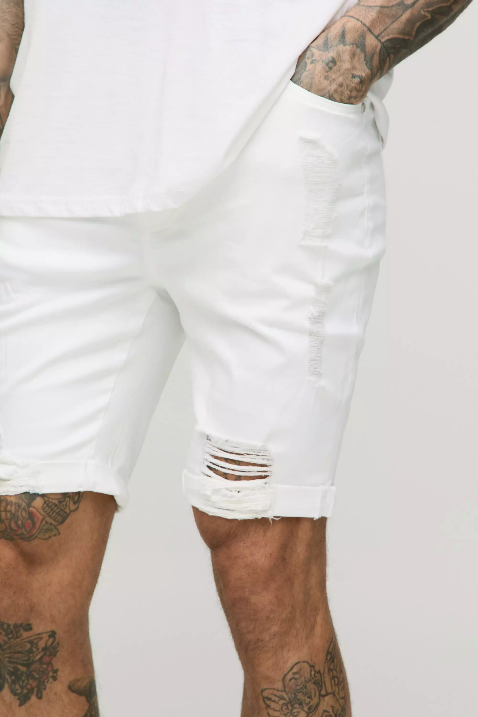 White Tall Skinny Stretch Ripped Jean Shorts alternative image