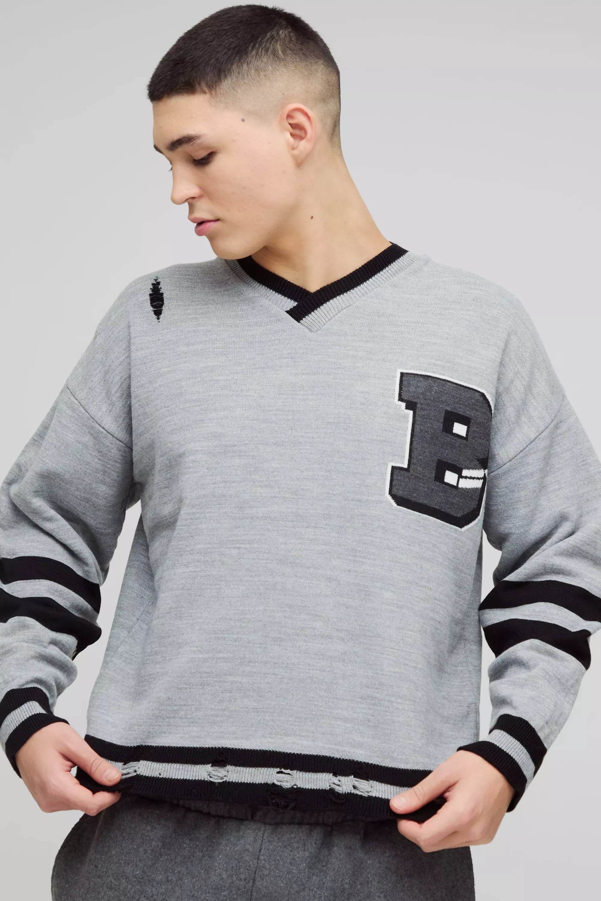 Charcoal Boxy V Neck Boxy Distressed Varsity Jumper alternative image