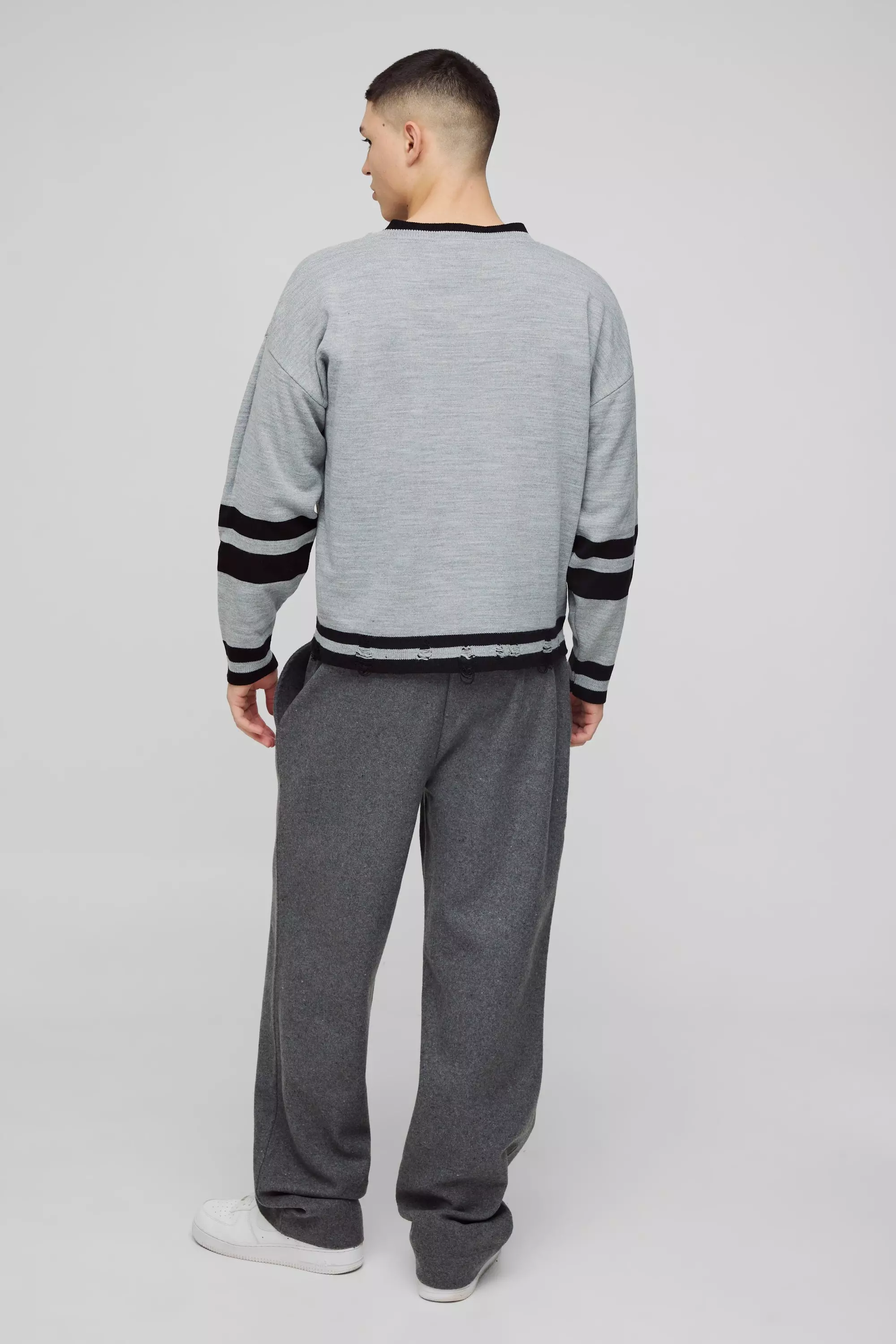 Charcoal Boxy V Neck Boxy Distressed Varsity Jumper alternative image