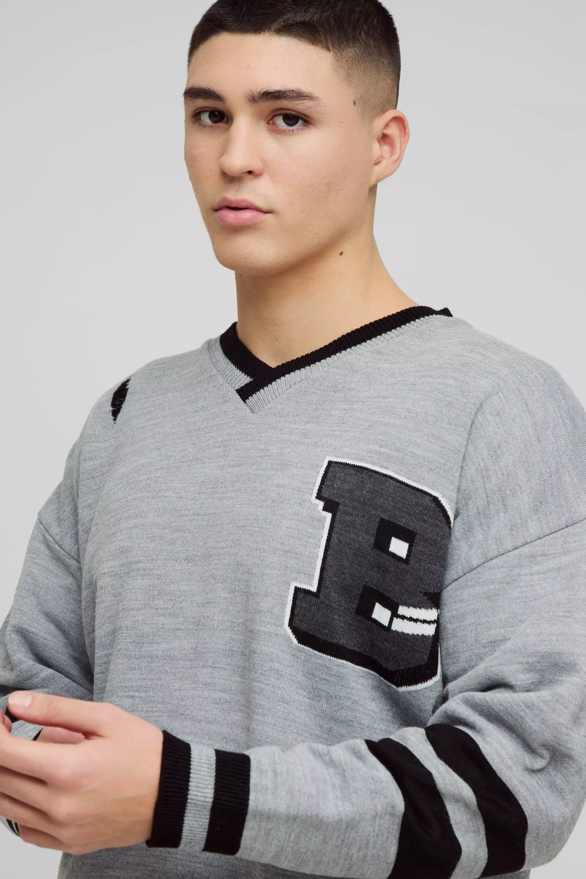 Charcoal Boxy V Neck Boxy Distressed Varsity Jumper alternative image