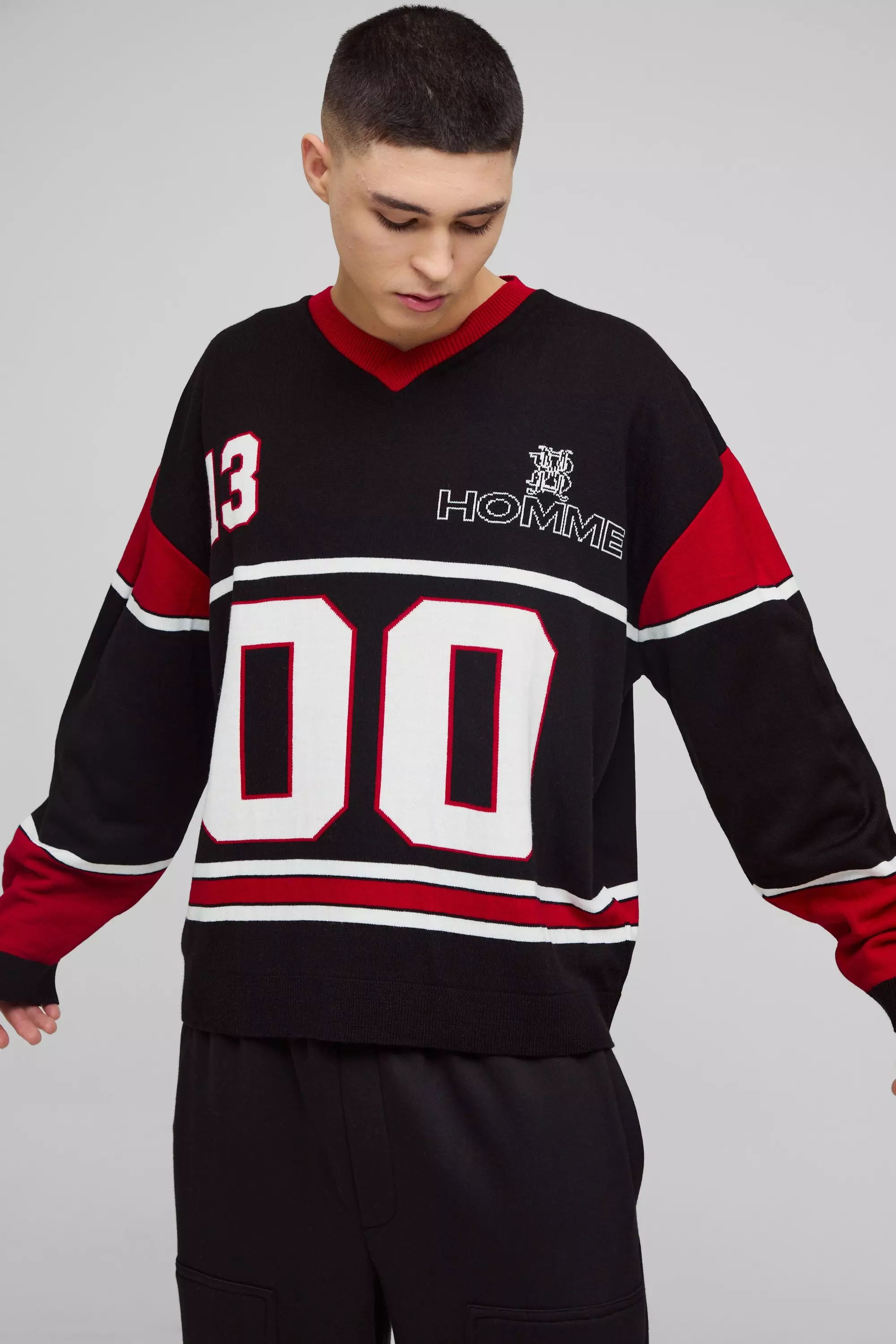 Black Oversized Knitted Varsity Hockey Top