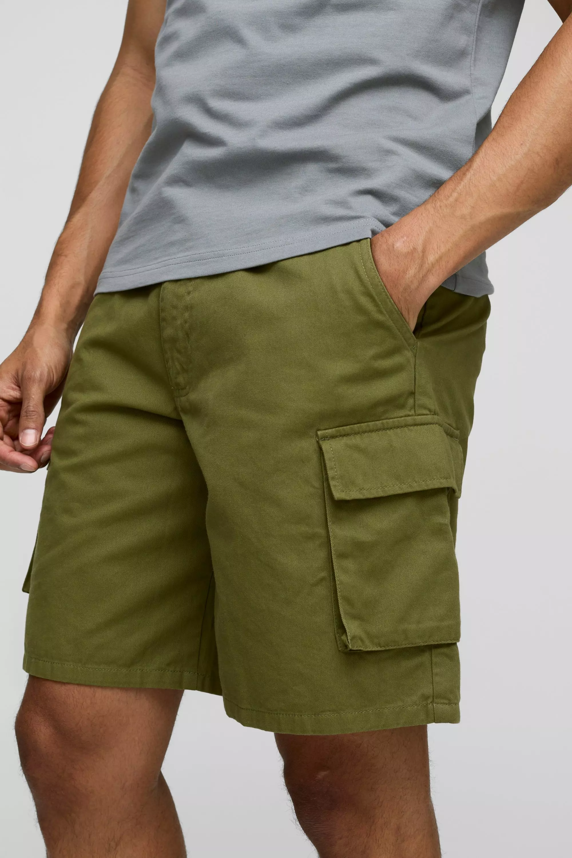Khaki Fixed Waist Baggy Cargo Twill Shorts alternative image