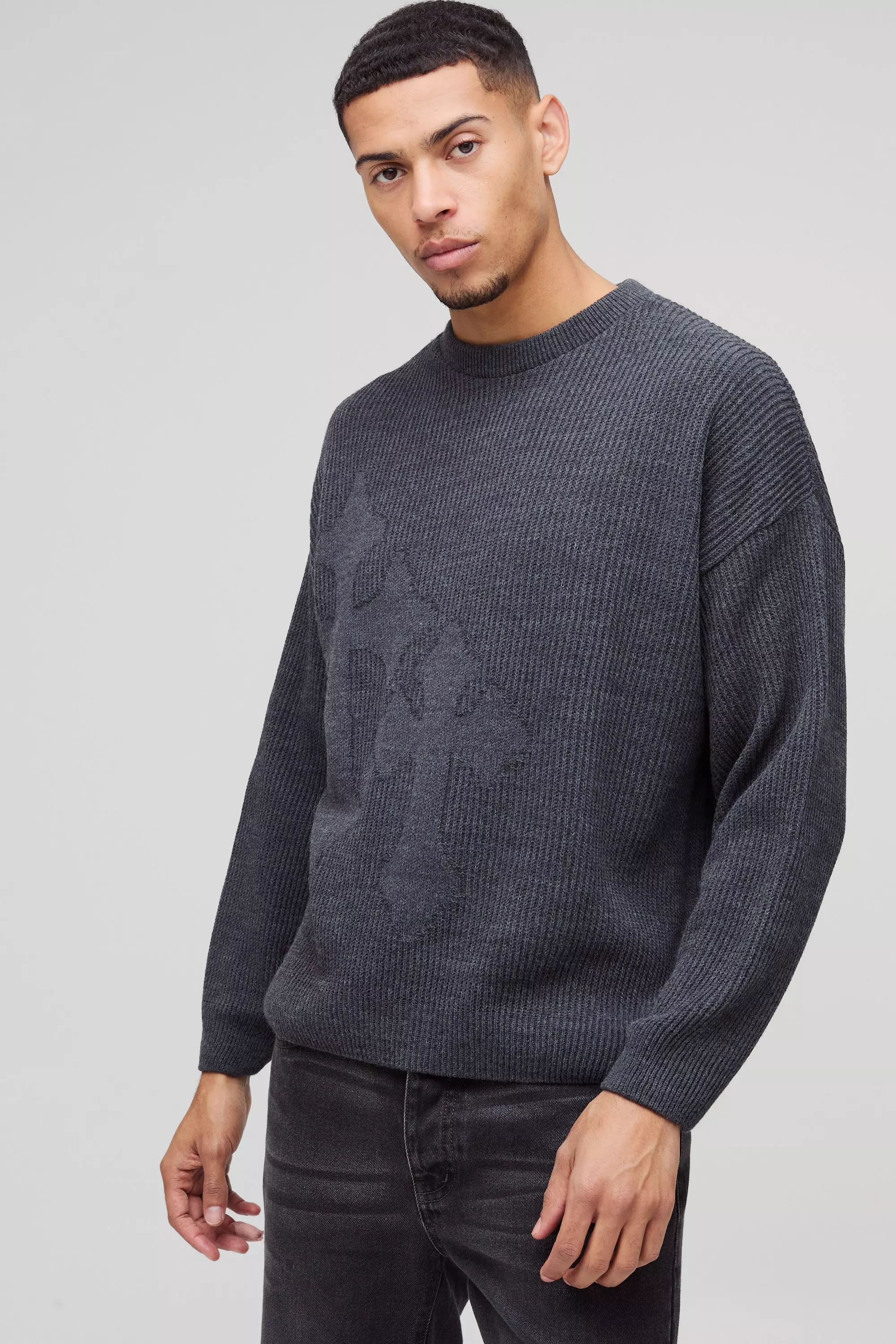 Charcoal Relaxed Fit Ribbed Cross Knitted Sweater alternative image