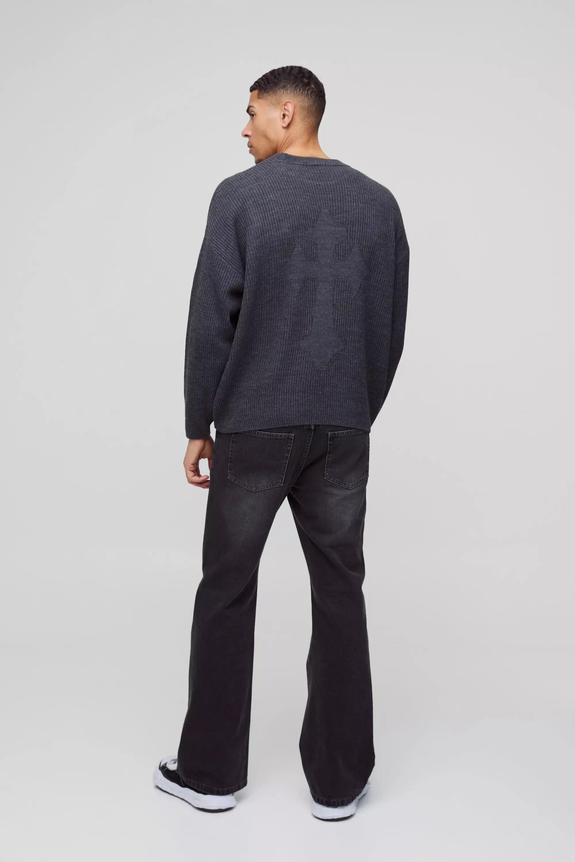 Charcoal Relaxed Fit Ribbed Cross Knitted Sweater alternative image