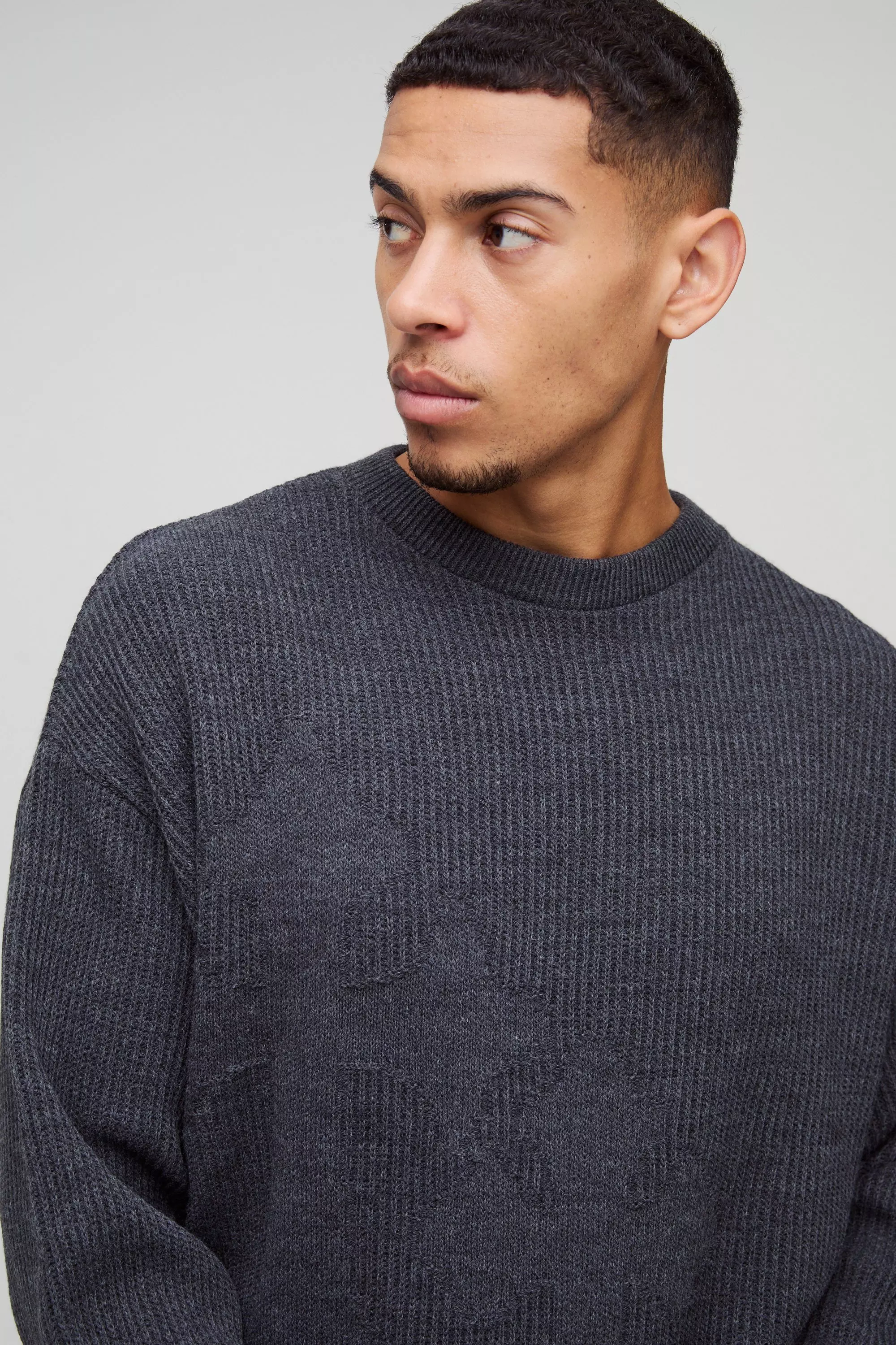 Charcoal Relaxed Fit Ribbed Cross Knitted Sweater alternative image