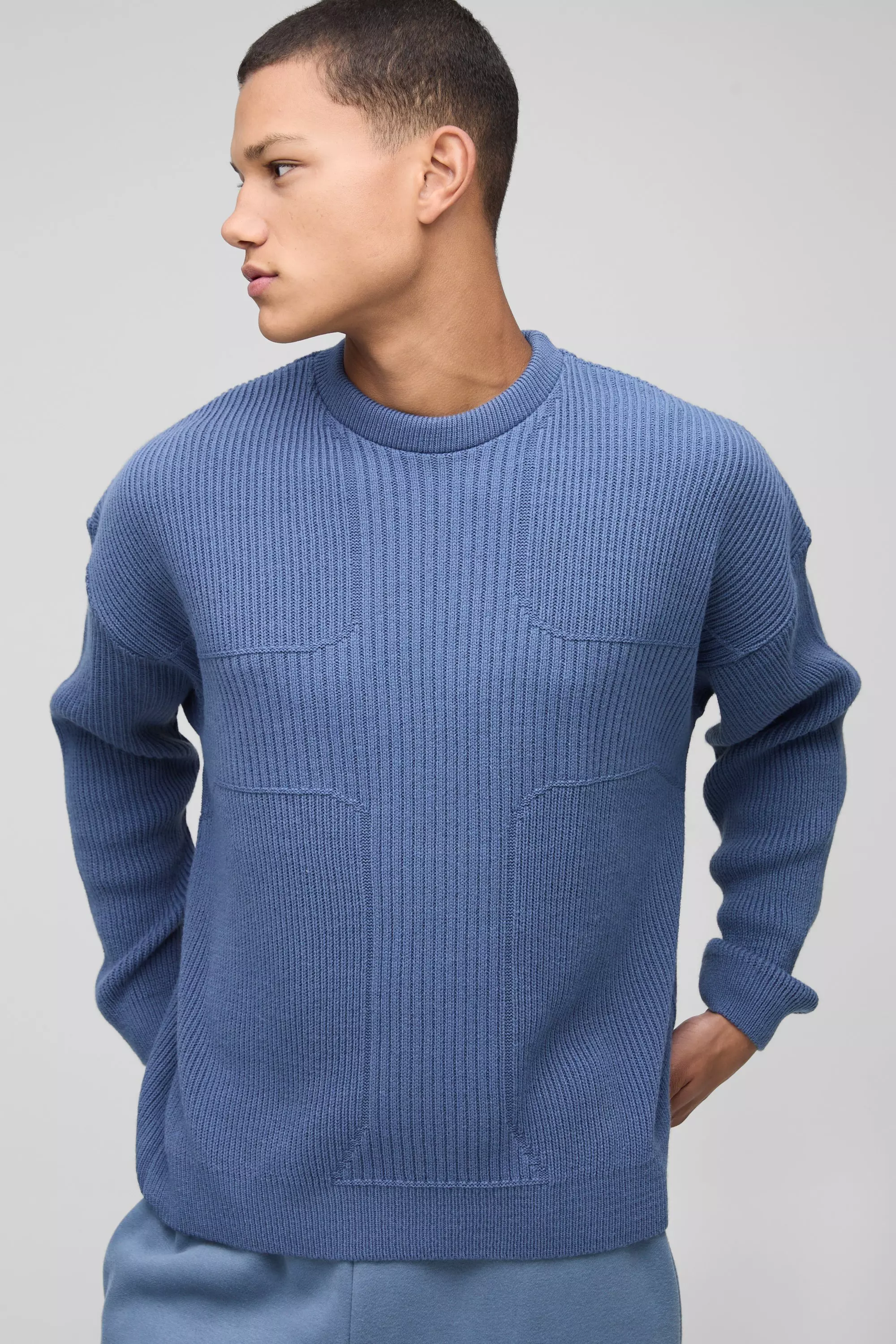 Blue Boxy Fit Ribbed Cross Crew Neck Knitted Jumper