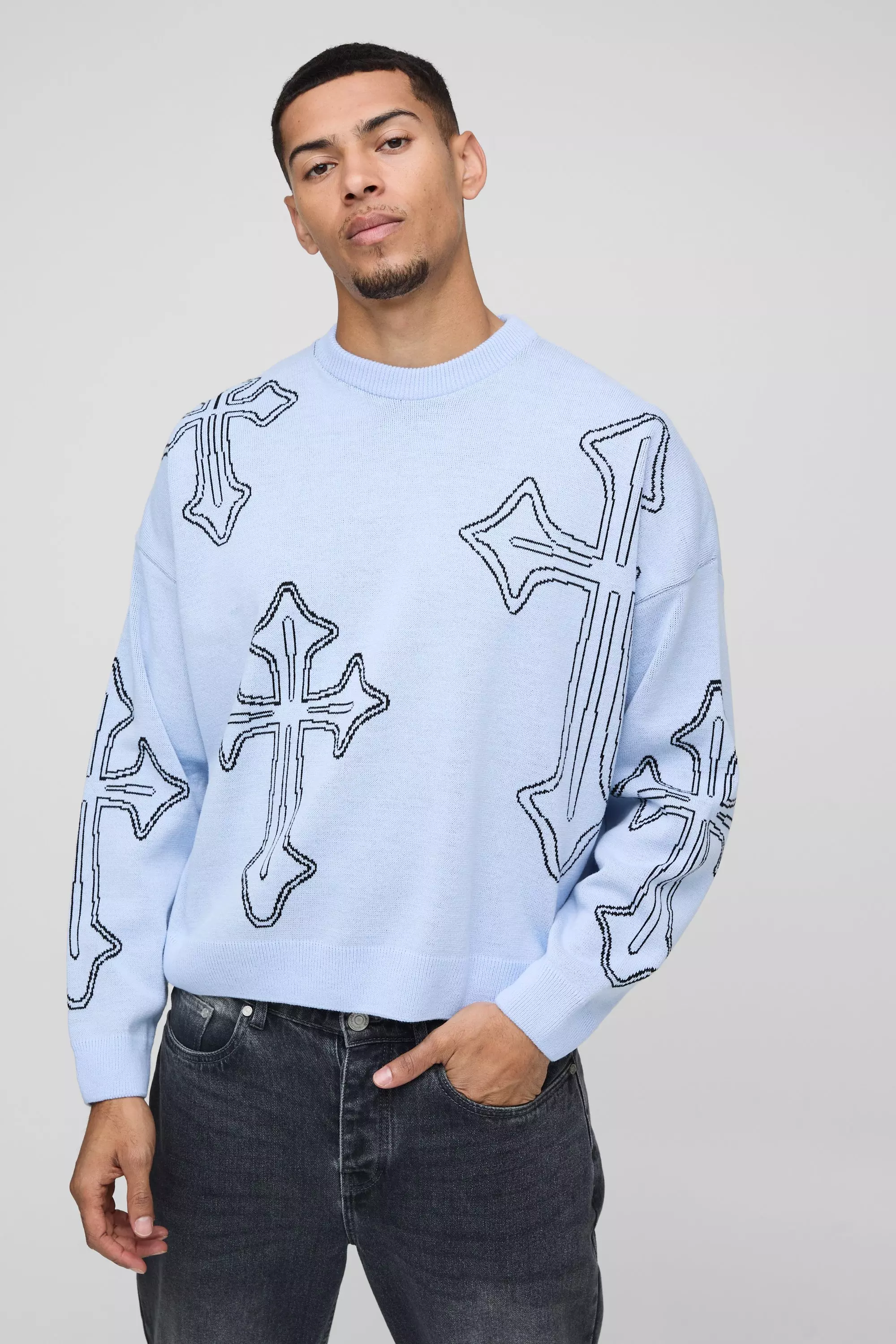 Oversized Boxy Cross Crew Neck Knitted Jumper Blue