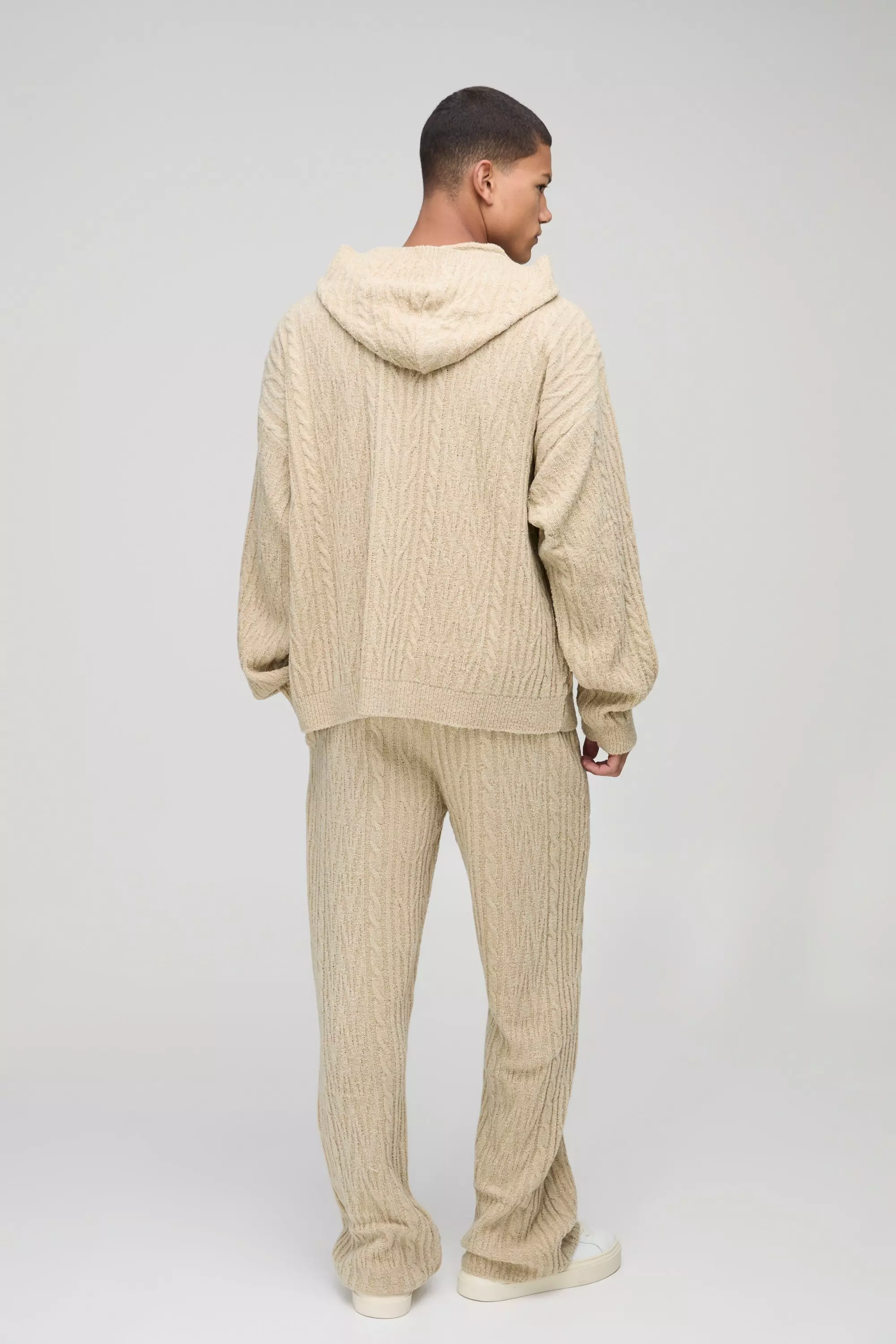 Oversized Boxy Boucle Mixed Cable Knitted Hooded Tracksuit | boohooMAN USA