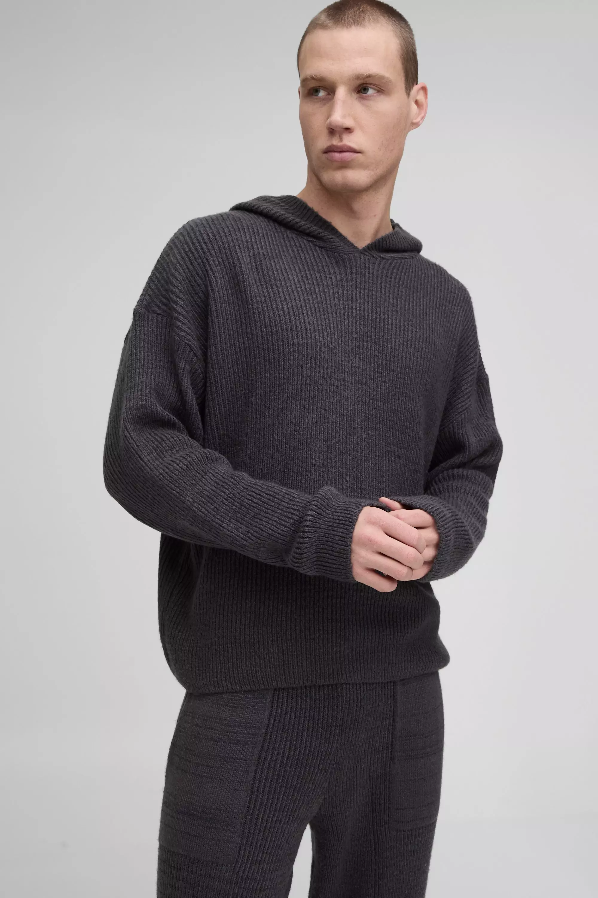 Charcoal Grey Oversized Boxy Brushed Rib Knitted Hoodie