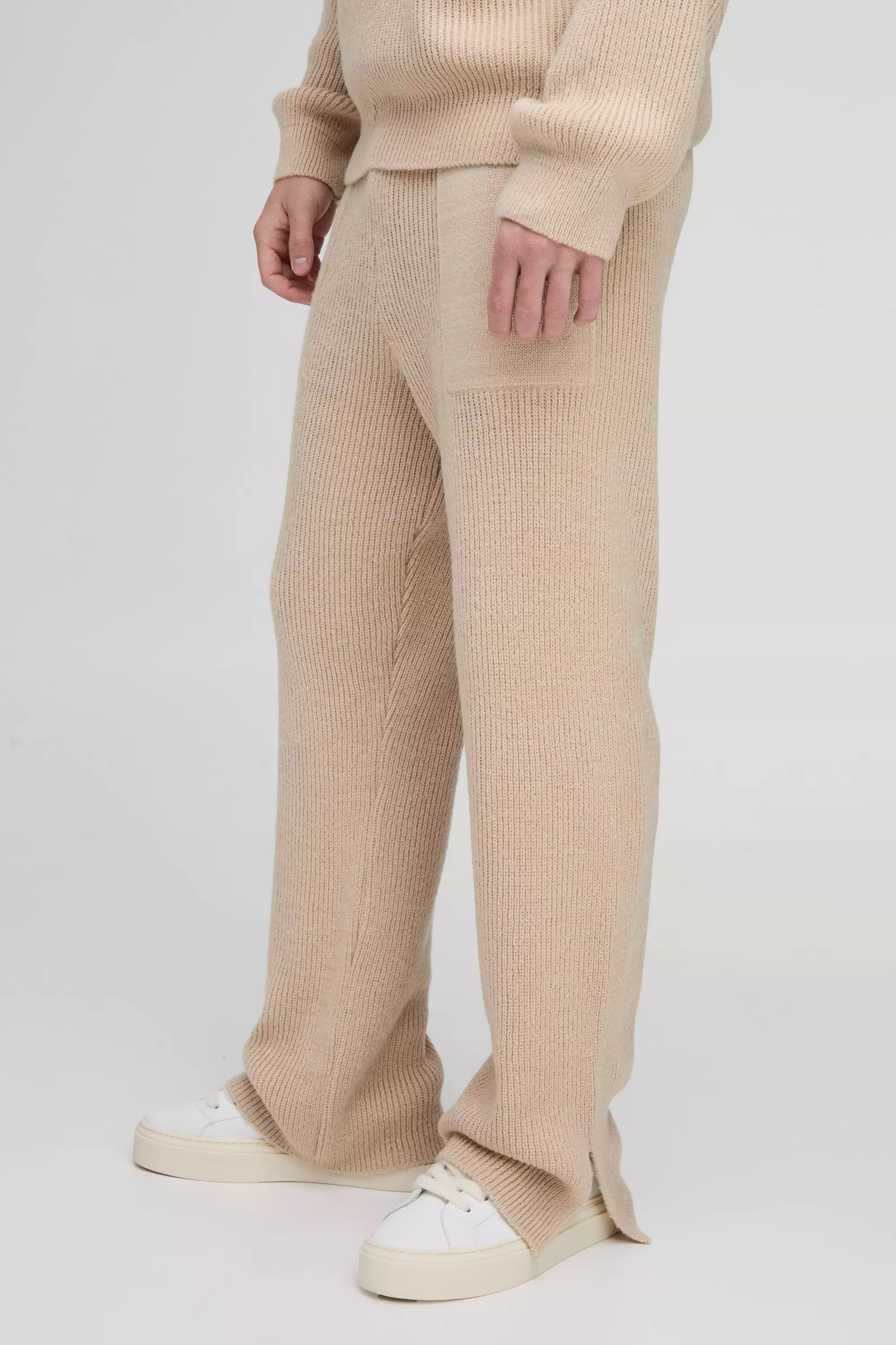 Stone Relaxed Split Hem Brushed Rib Knitted Joggers alternative image