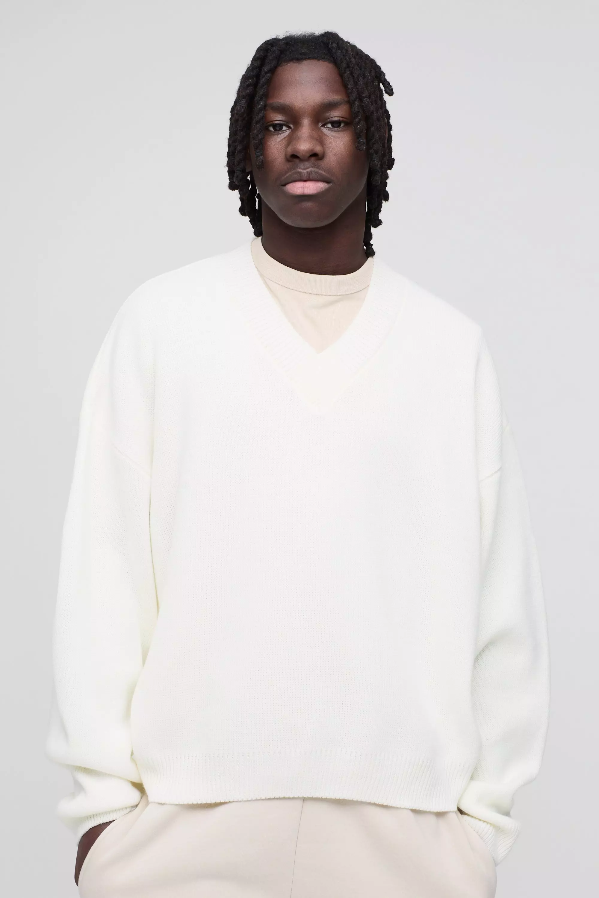 Oversized Boxy V Neck Knitted Sweater | boohooMAN USA